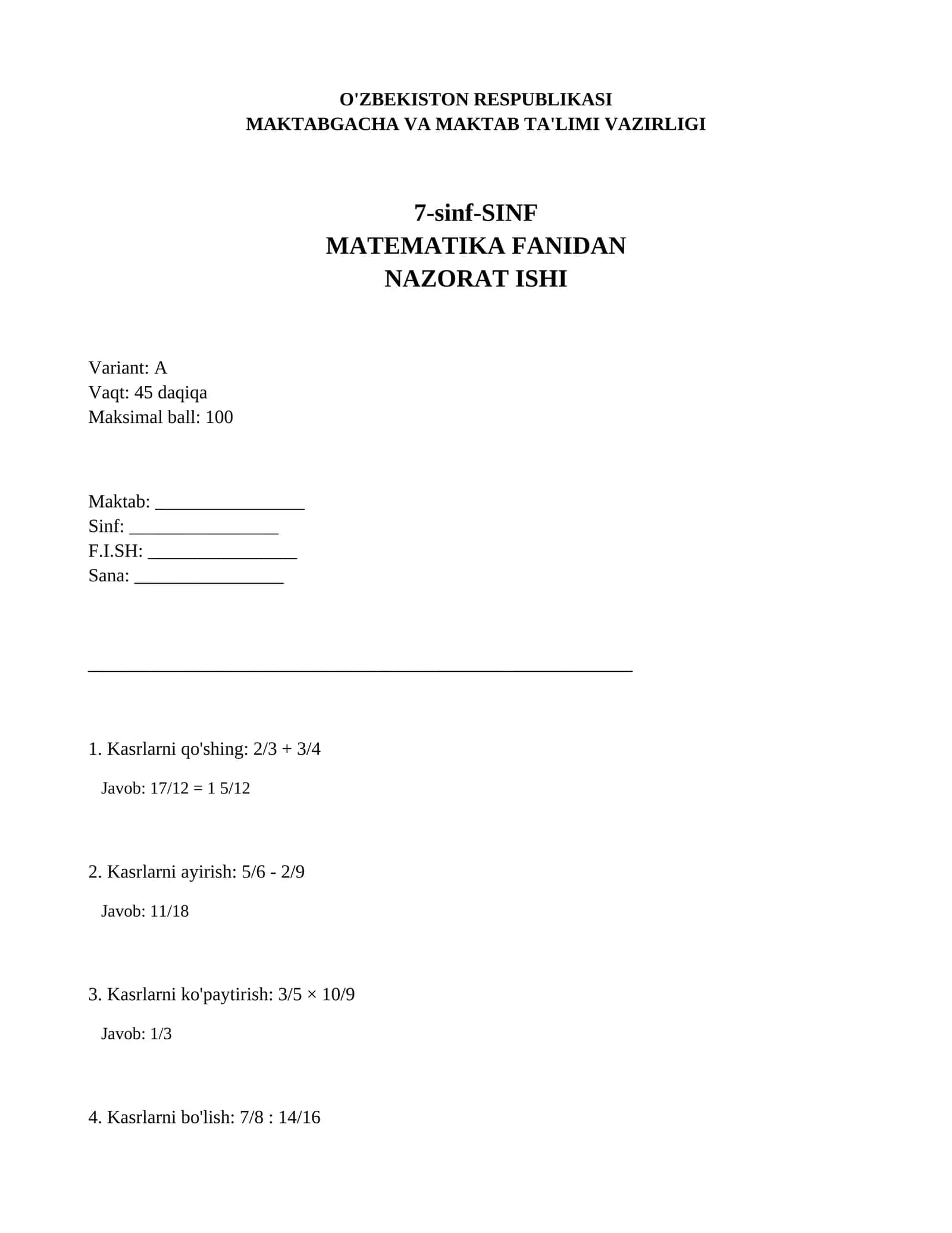 7-sinf-SINF MATIMATIKA FANIDAN NAZORAT ISHI Variant: A