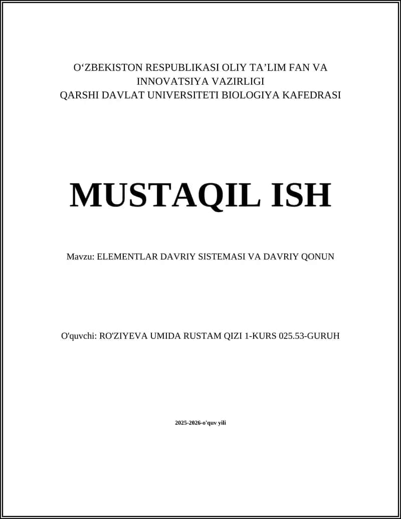 ELEMENTLAR DAVRIY SISTEMASI VA DAVRIY QONUN