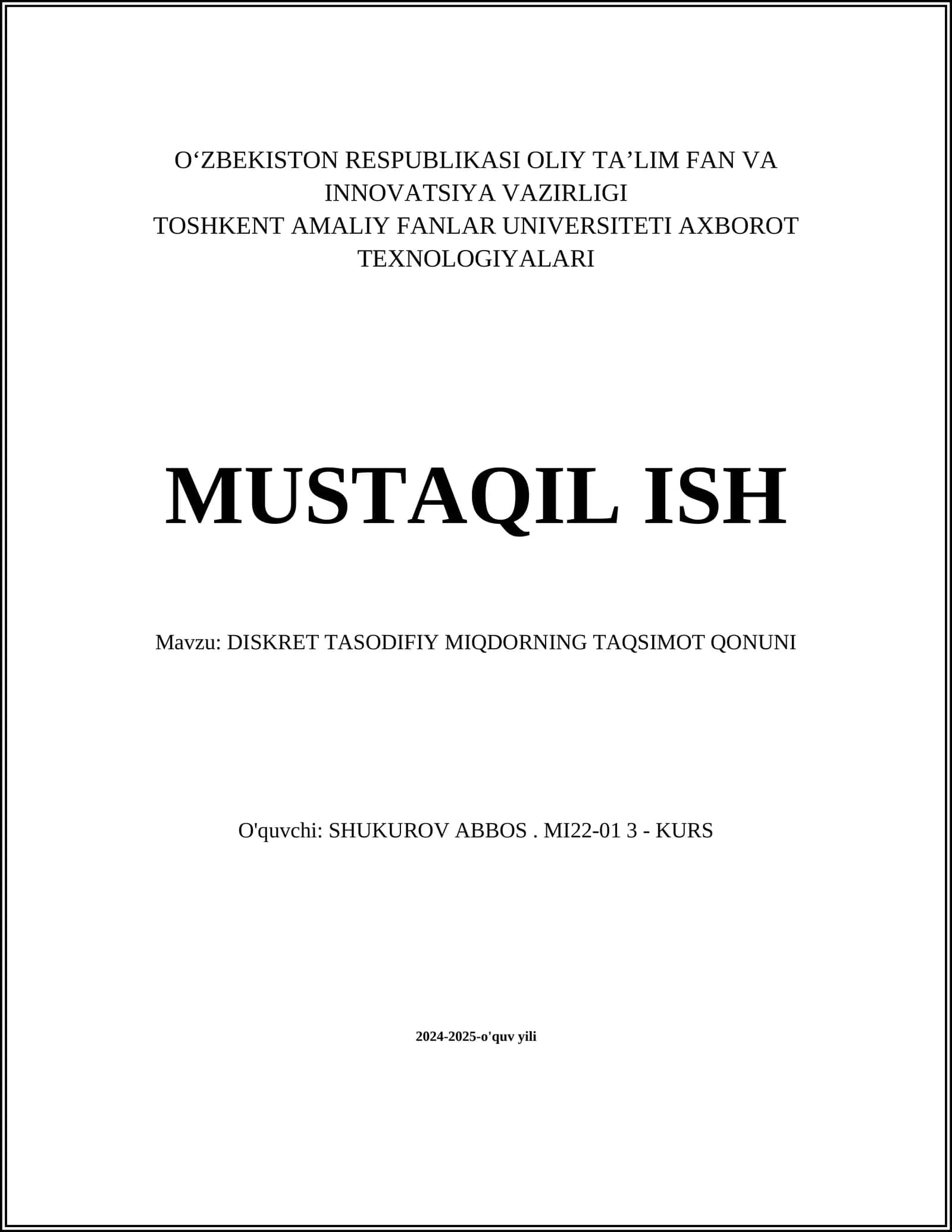 DISKRET TASODIFIY MIQDORNING TAQSIMOT QONUNI