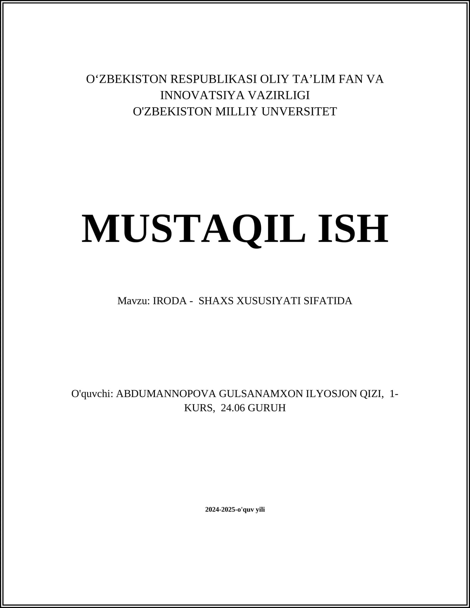 IRODA - SHAXS XUSUSIYATI SIFATIDA