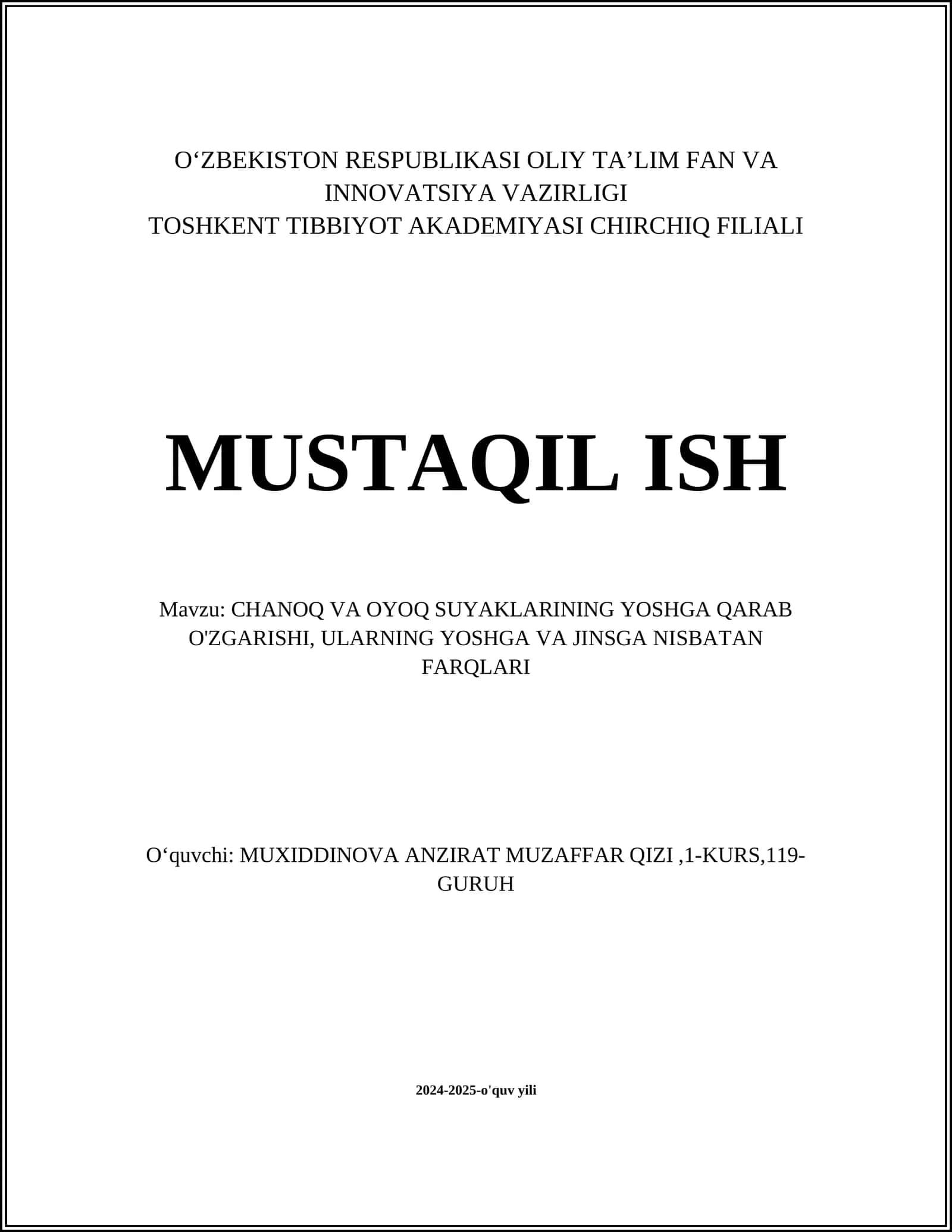 CHANOQ VA OYOQ SUYAKLARINING YOSHGA QARAB O'ZGARISHI, ULARNING YOSHGA VA JINSGA NISBATAN FARQLARI