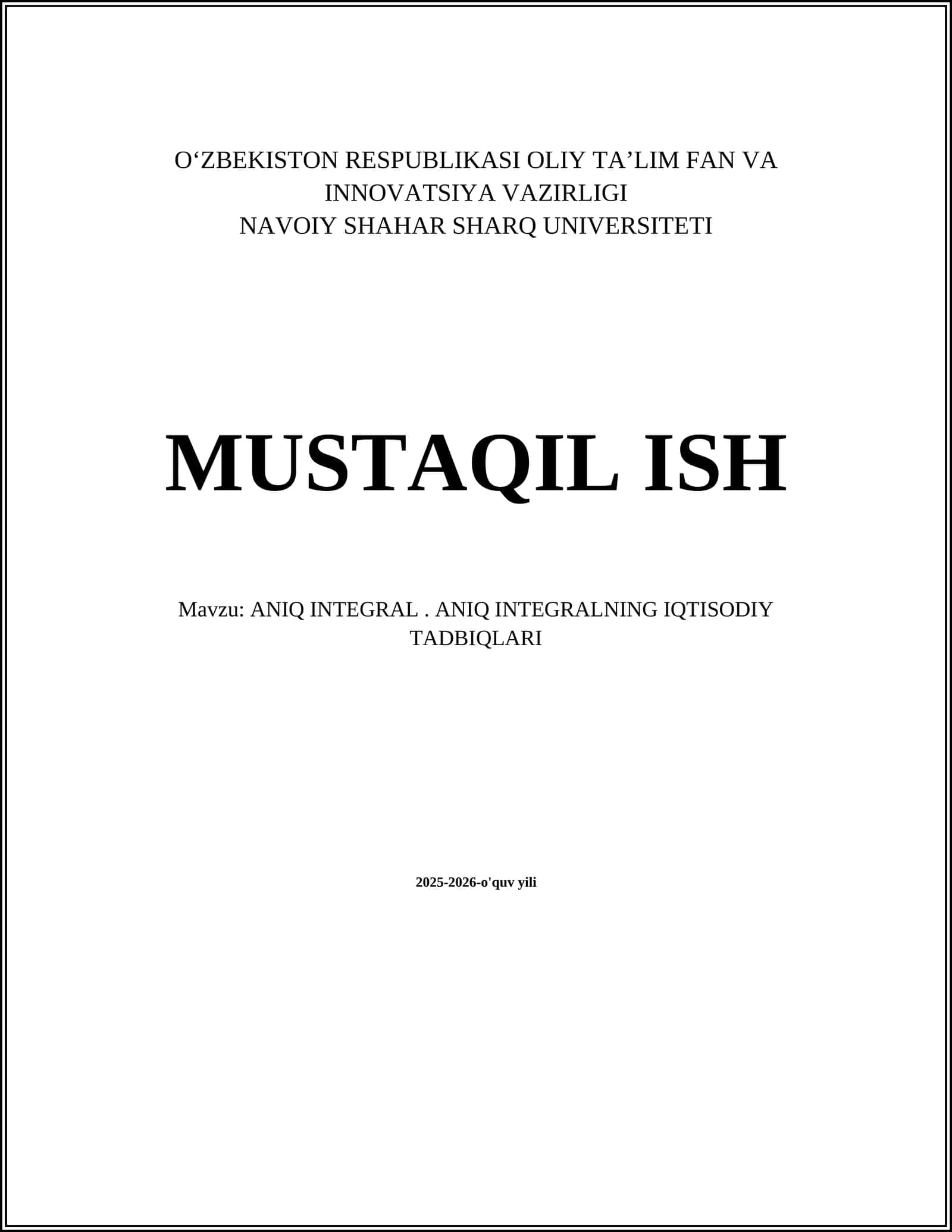 ANIQ INTEGRALNING IQTISODIY TADBIQLARI