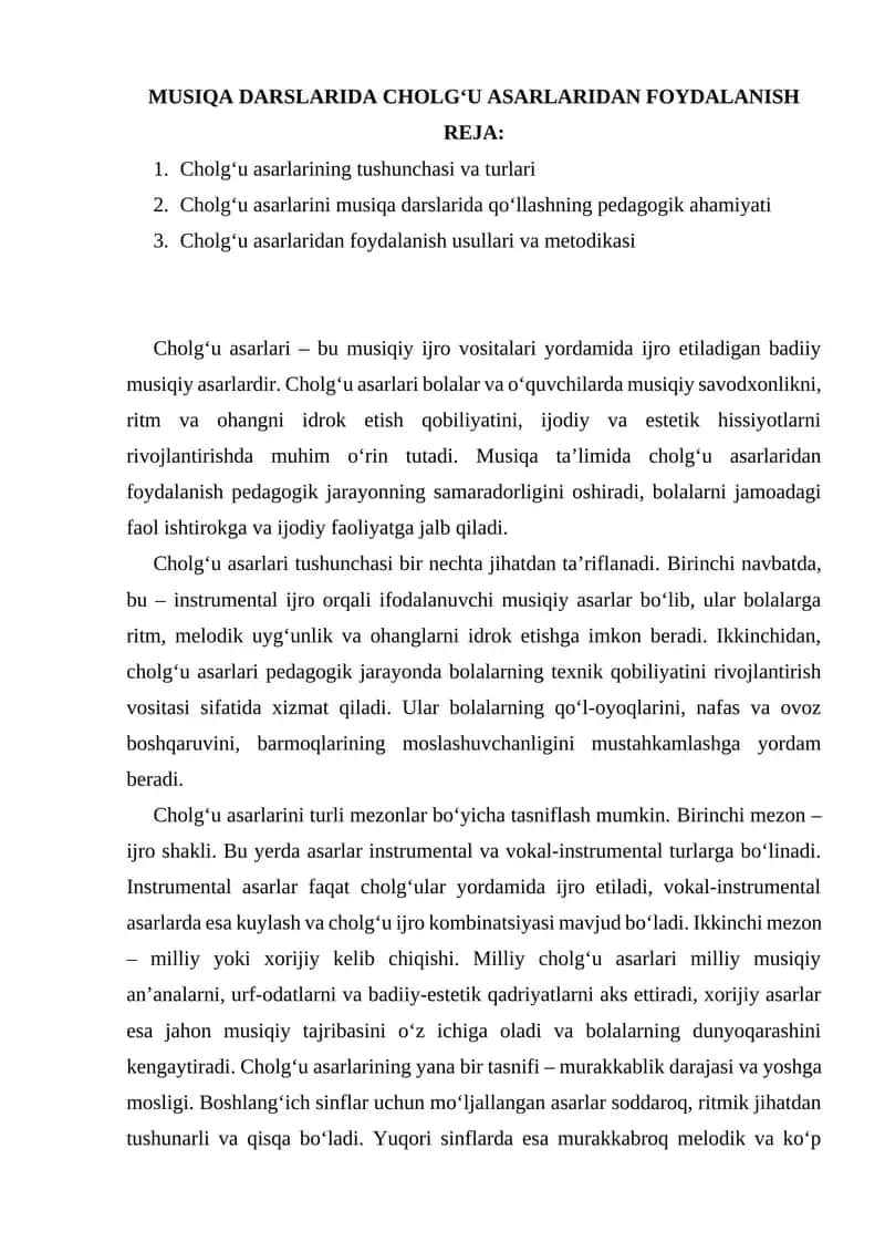 MUSIQA DARSLARIDA CHOLG‘U ASARLARIDAN FOYDALANISH