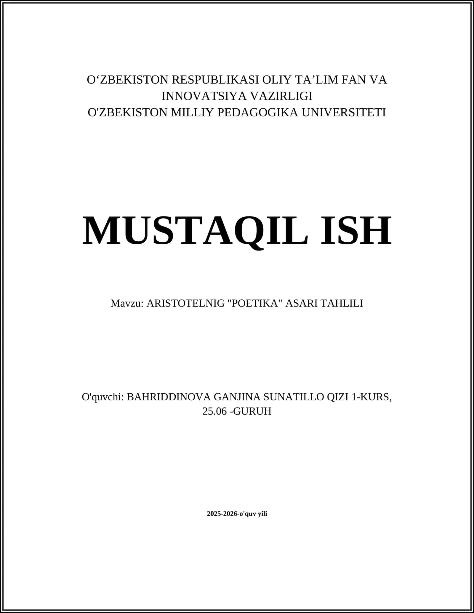 ARISTOTELNIG "POETIKA" ASARI TAHLILI
