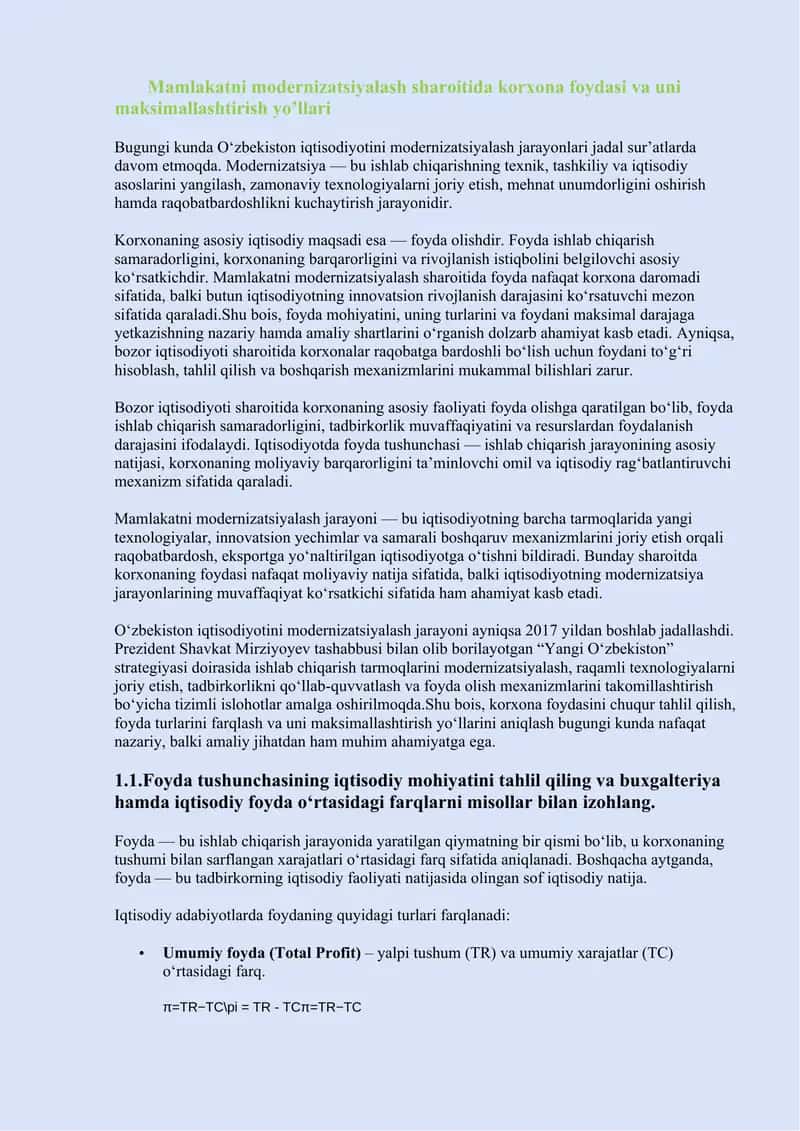 Mamlakatni modernizatsiyalash sharoitida korxona foydasi va uni  maksimallashtirish yo’llari