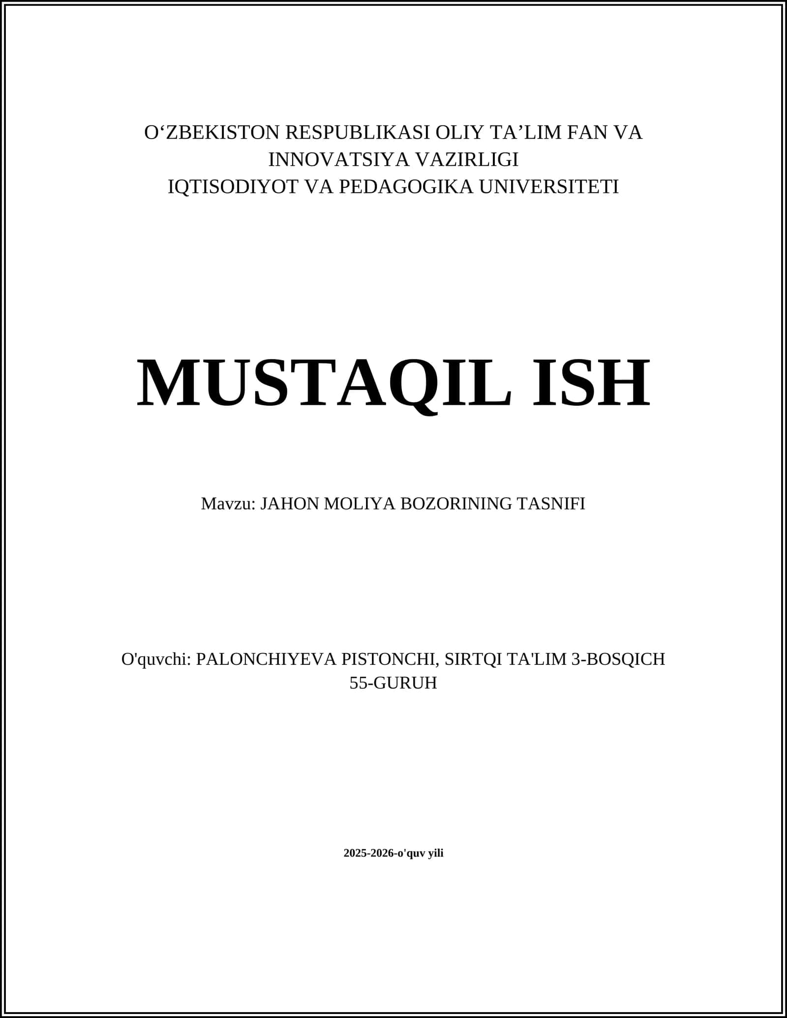 JAHON MOLIYA BOZORINING TASNIFI