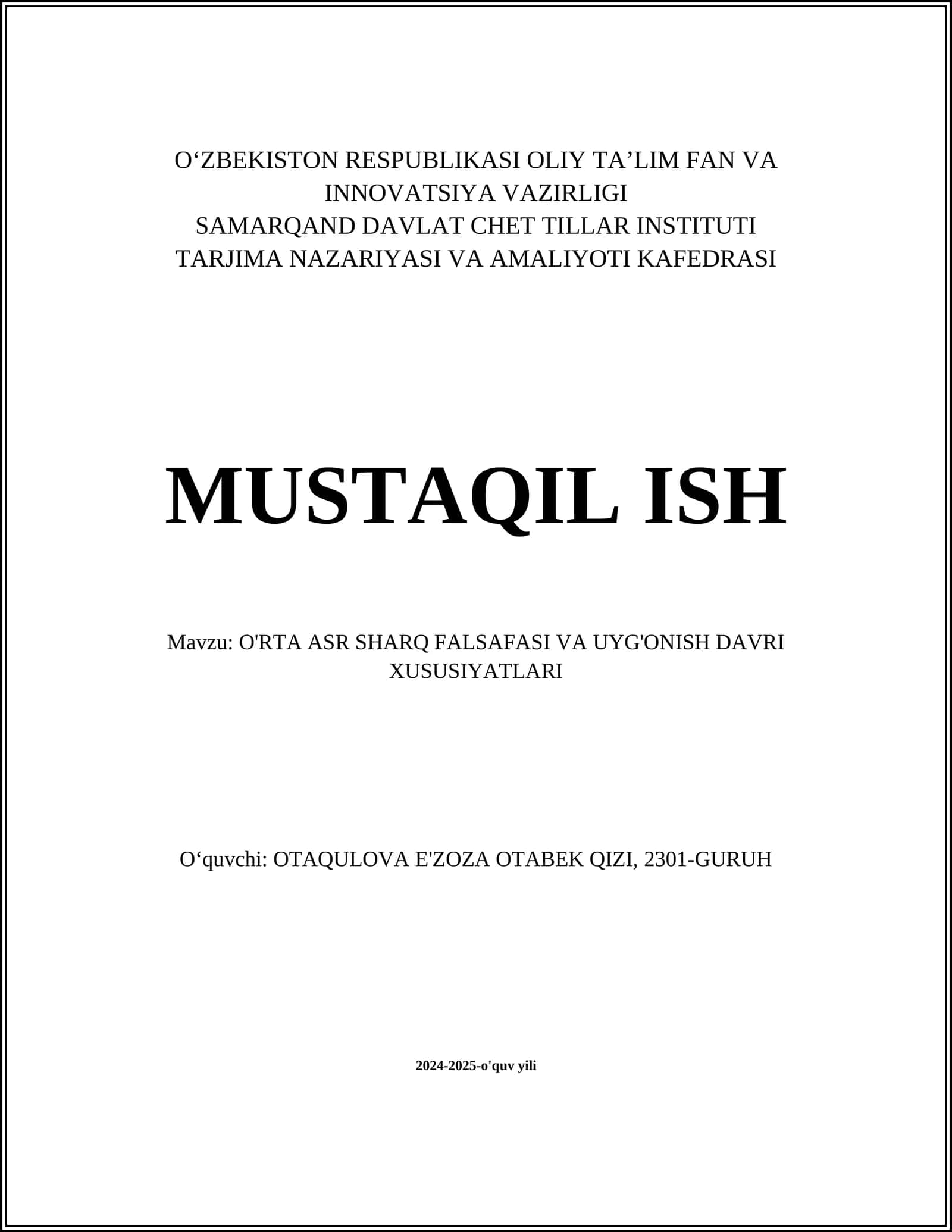 O'RTA ASR SHARQ FALSAFASI VA UYG'ONISH DAVRI XUSUSIYATLARI