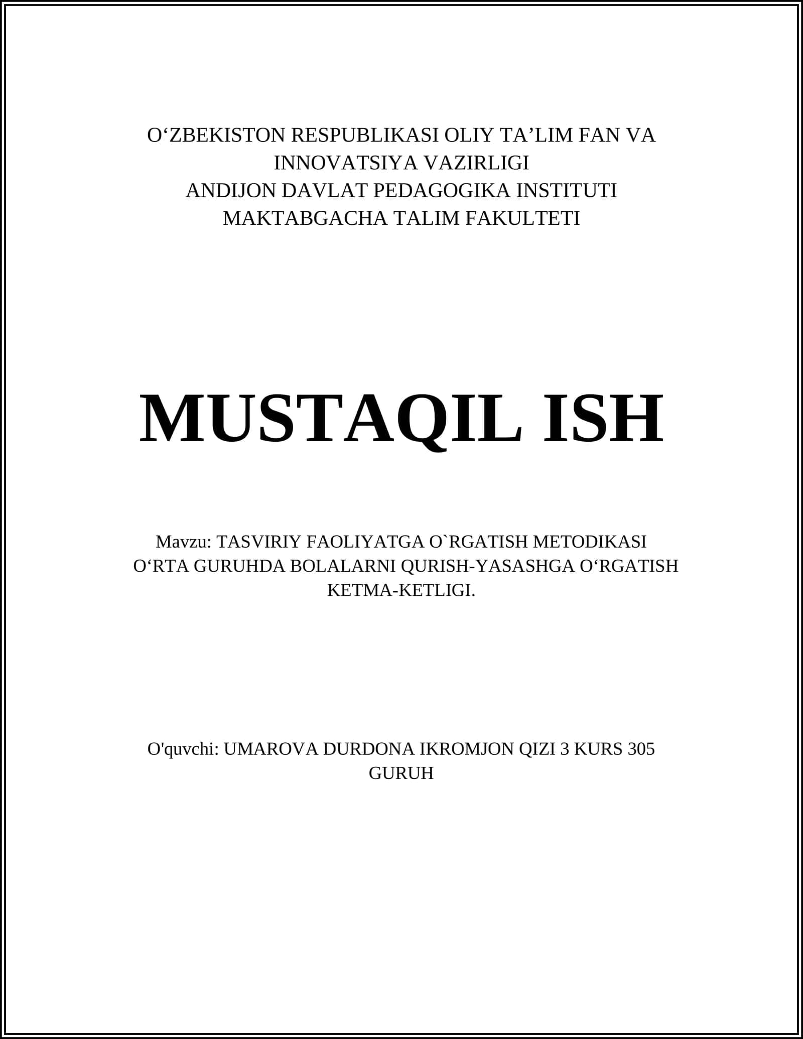 TASVIRIY FAOLIYATGA O`RGATISH METODIKASI