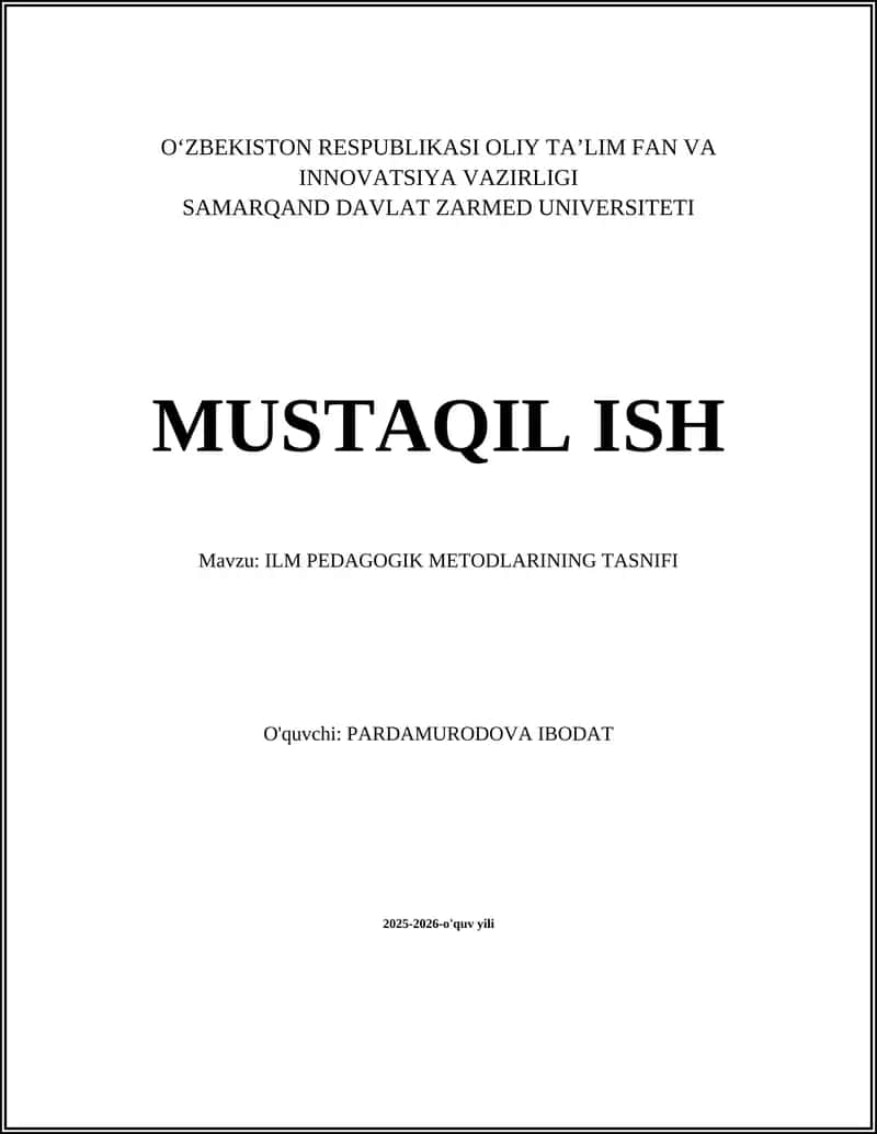 ILM PEDAGOGIK METODLARINING TASNIFI