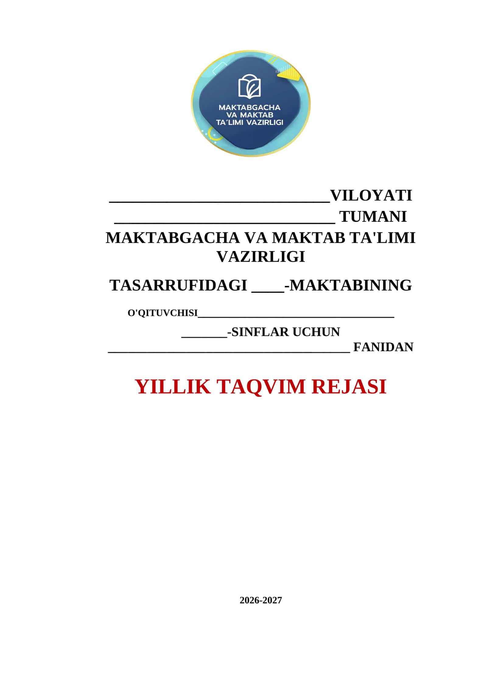 Taqvim ish reja yuzi 2026-2027