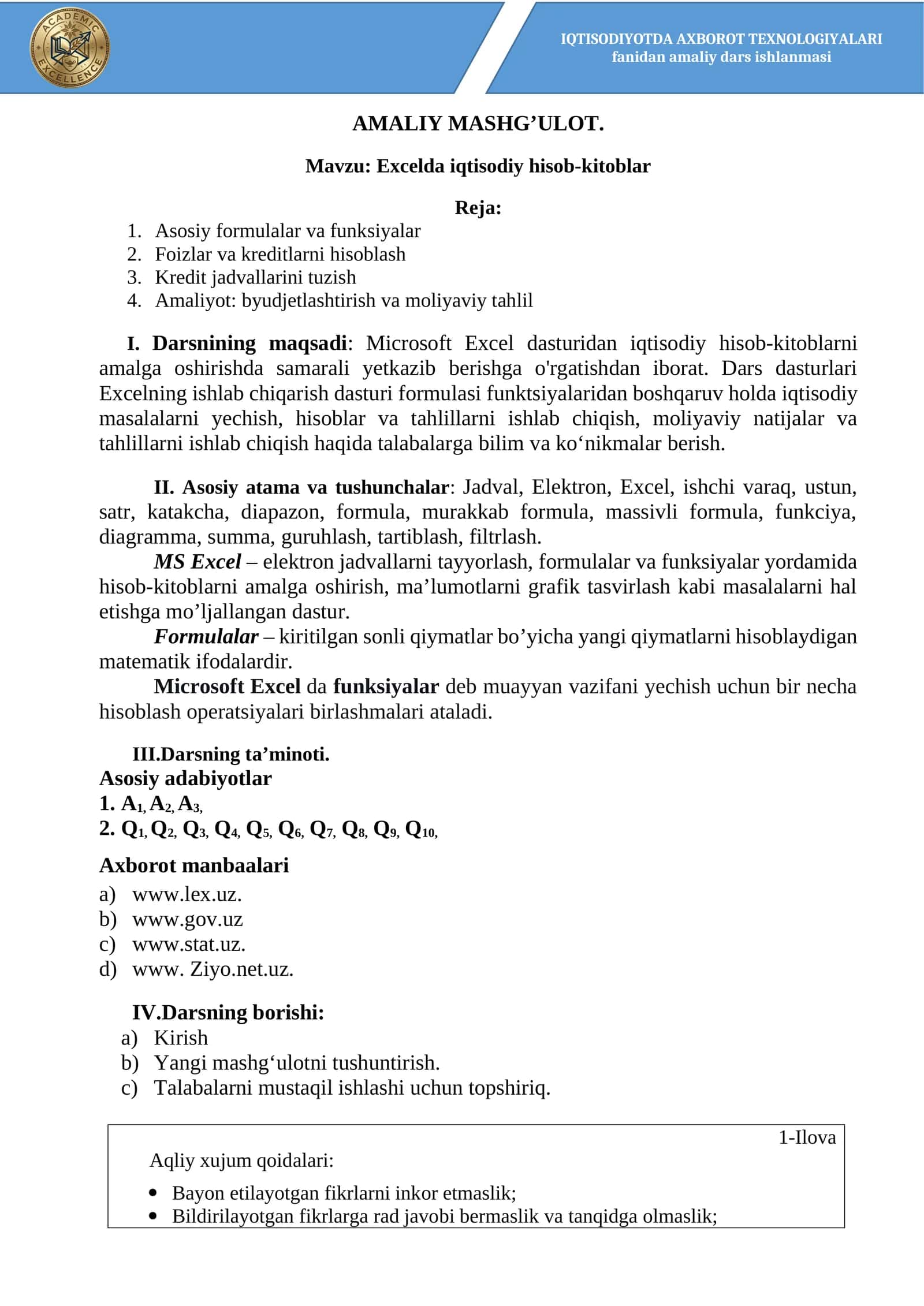 Excelda iqtisodiy hisob-kitoblar amaliy dars ishlanmasi