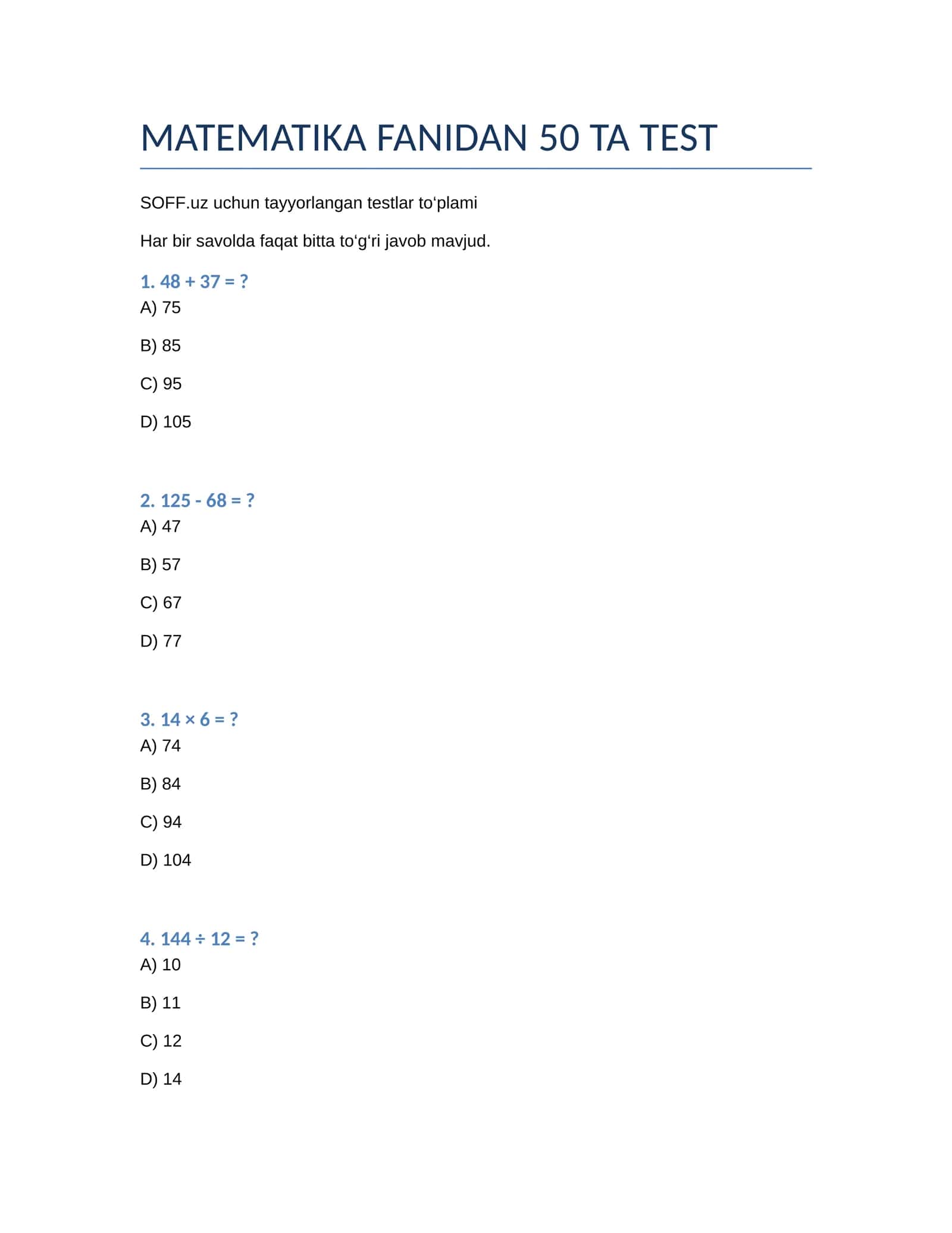 MATEMATIKA FANIDAN 50 TA TEST