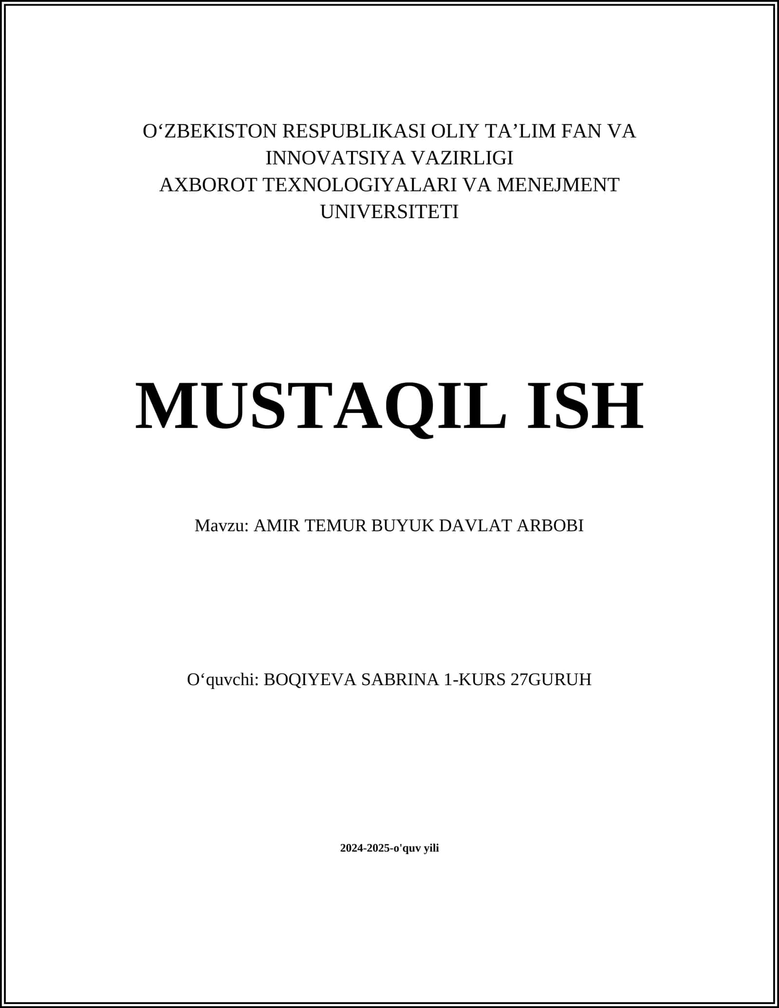 AMIR TEMUR BUYUK DAVLAT ARBOBI