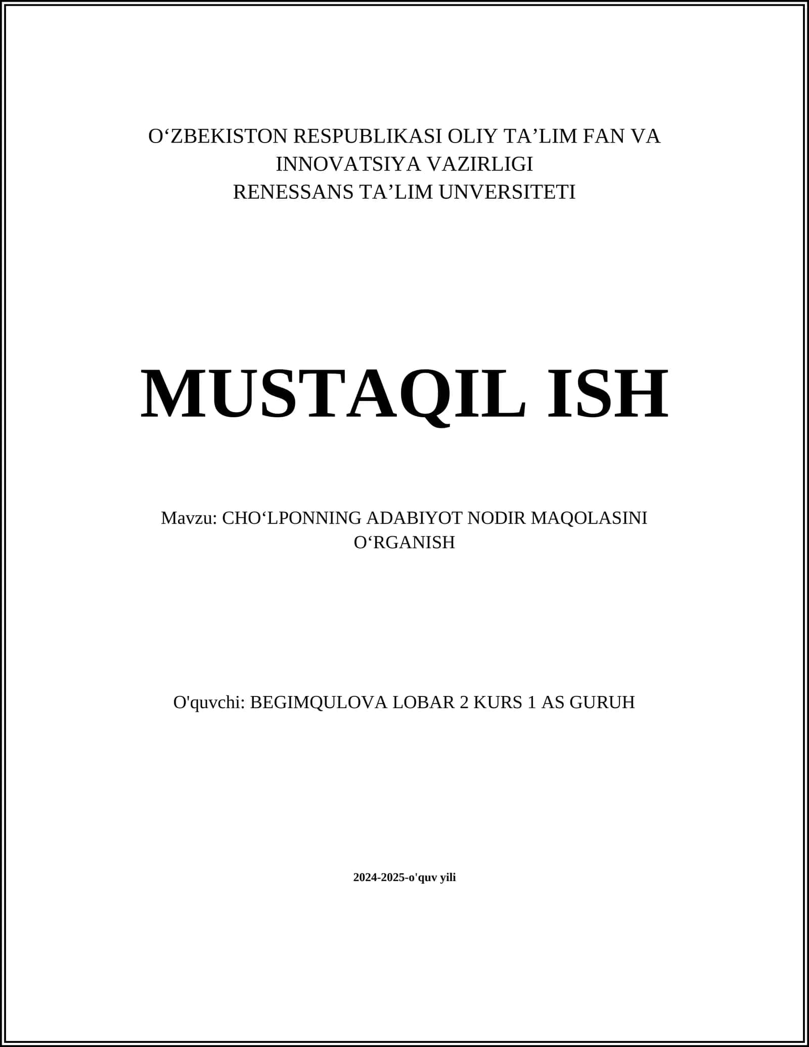 CHOʻLPONNING ADABIYOT NODIR MAQOLASINI OʻRGANISH