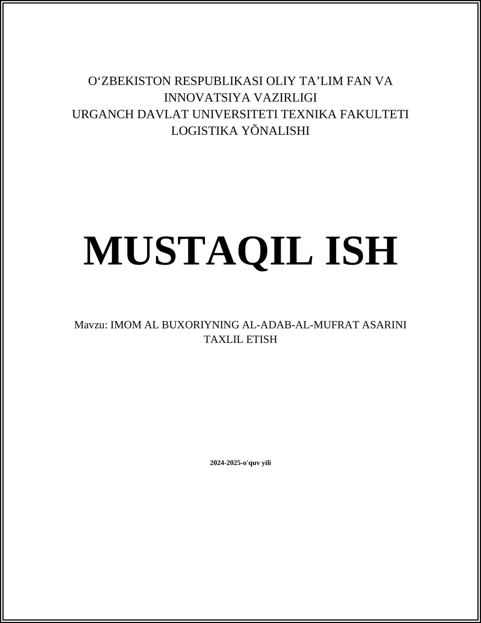 Al-Adab al-Mufrad asarini taxlil etish