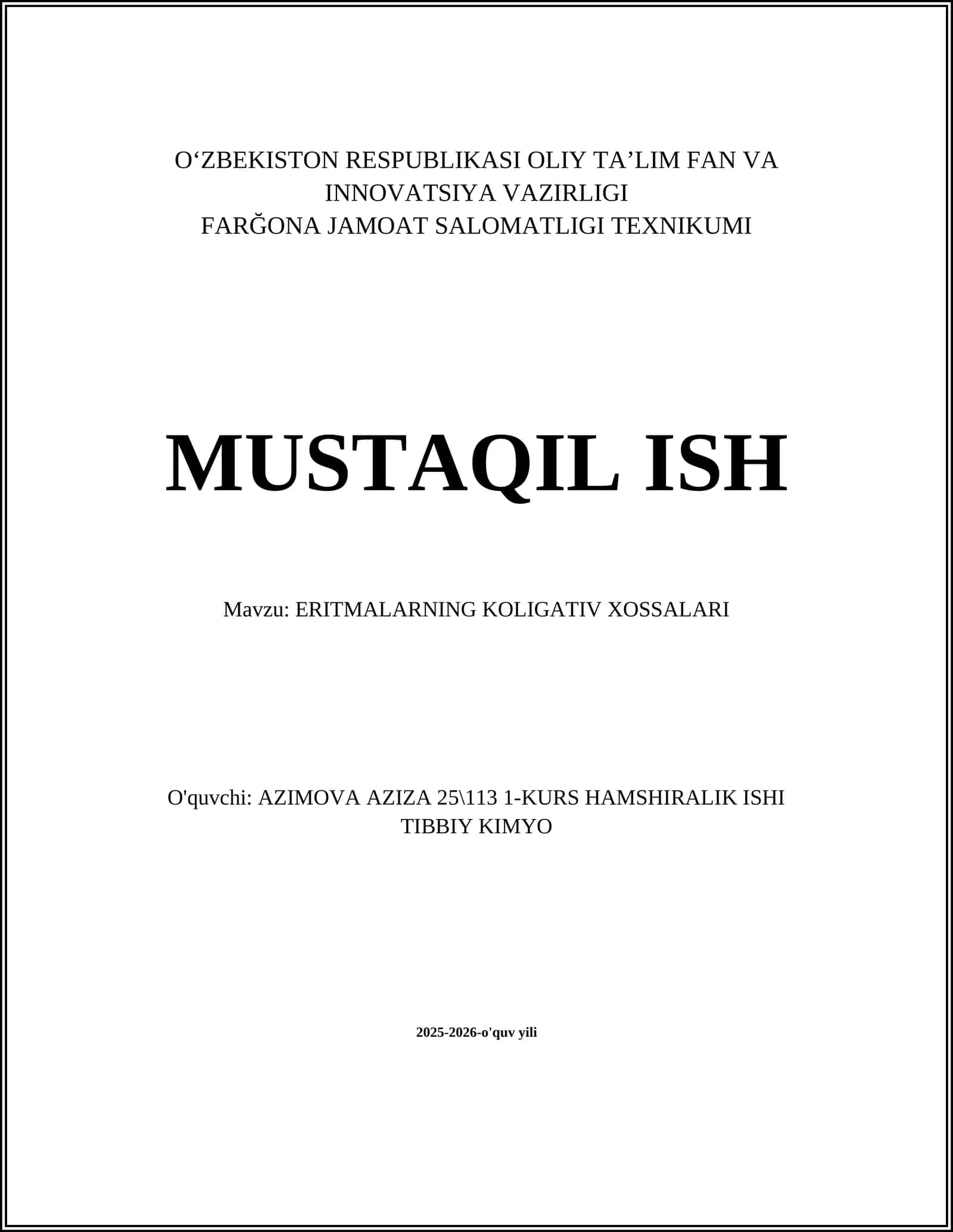 ERITMALARNING KOLIGATIV XOSSALARI