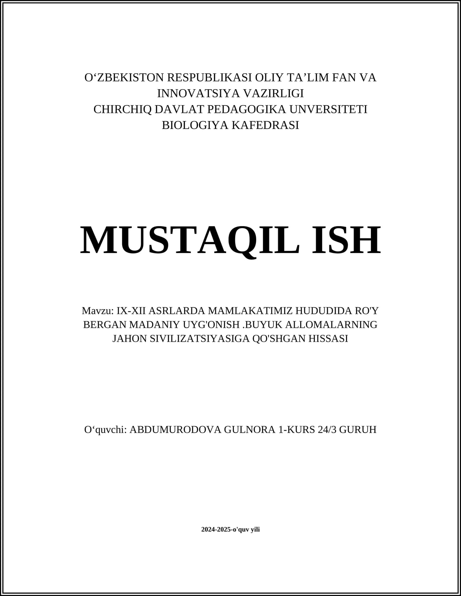 IX-XII ASRLARDA MAMLAKATIMIZ HUDUDIDA RO'Y BERGAN MADANIY UYG'ONISH