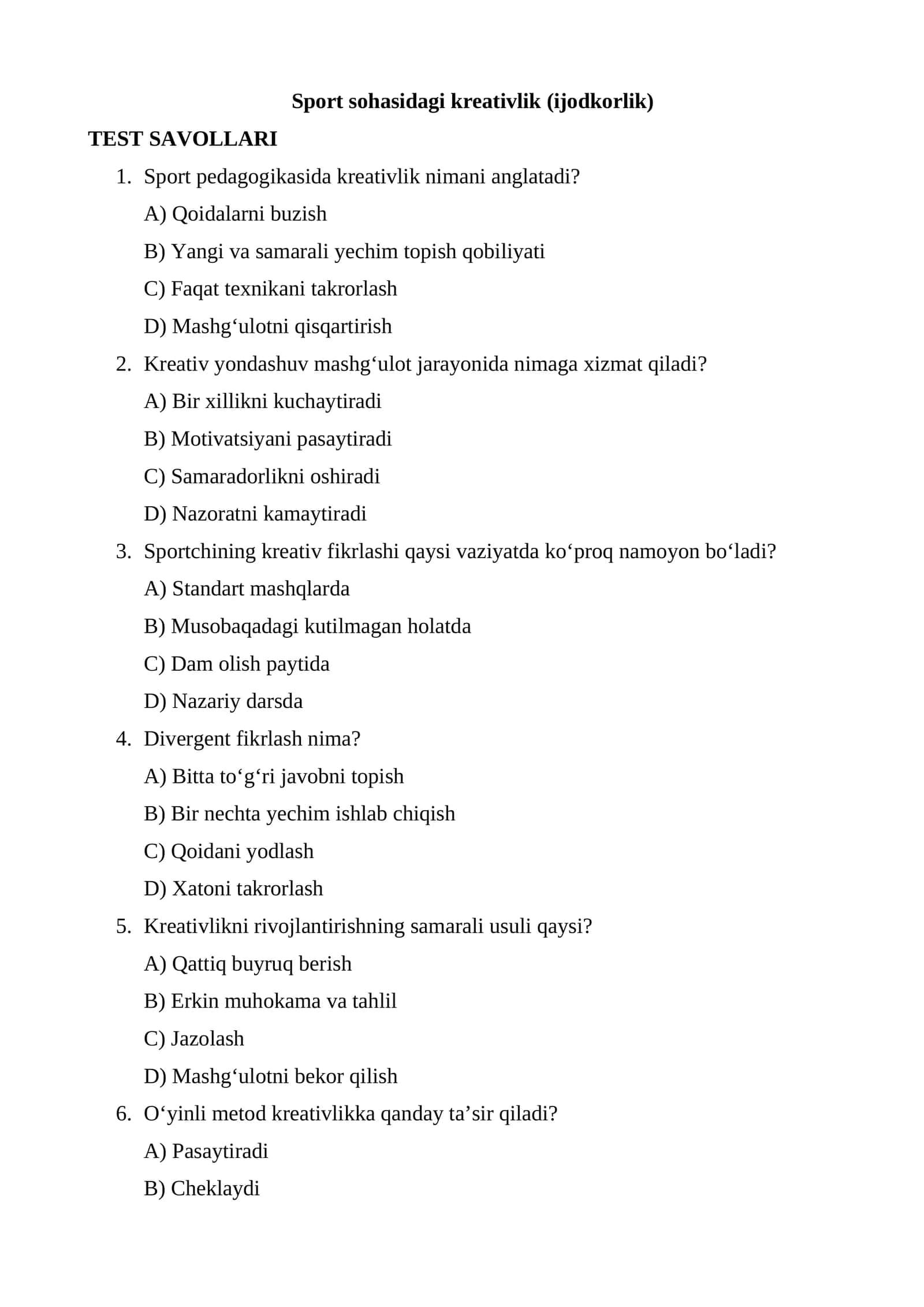 Sport sohasidagi kreativlik (ijodkorlik)