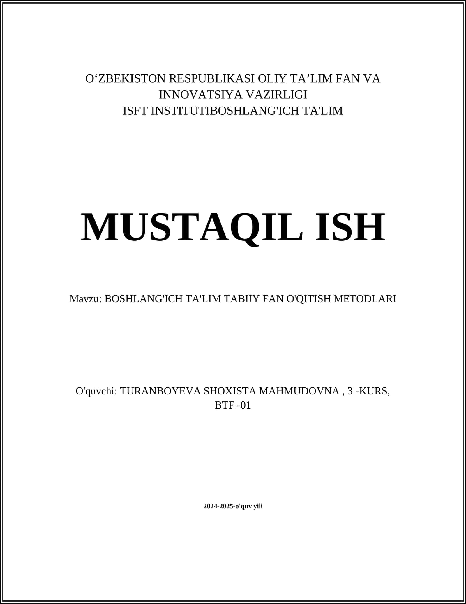 BOSHLANG'ICH TA'LIM TABIIY FAN O'QITISH METODLARI