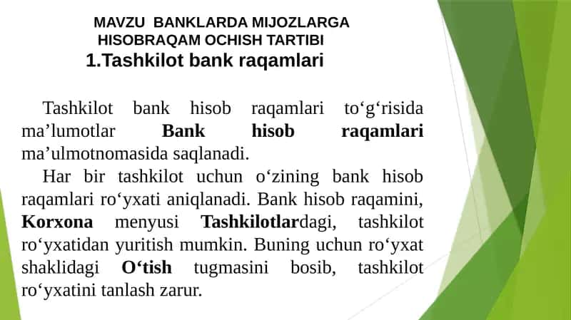 BANKLARDA MIJOZLARGA  HISOBRAQAM OCHISH TARTIBI