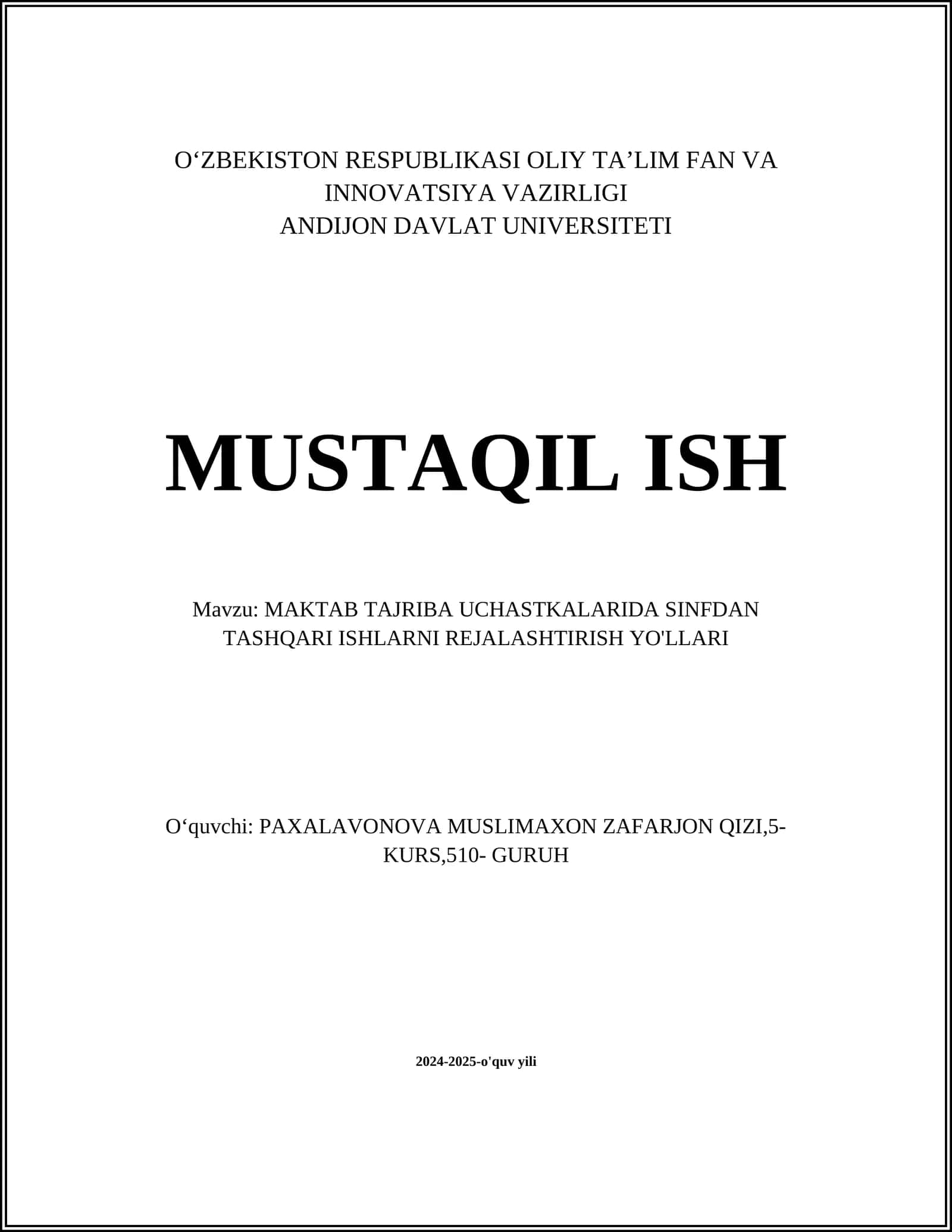 MAKTAB TAJRIBA UCHASTKALARIDA SINFDAN TASHQARI ISHLARNI REJALASHTIRISH YO'LLARI