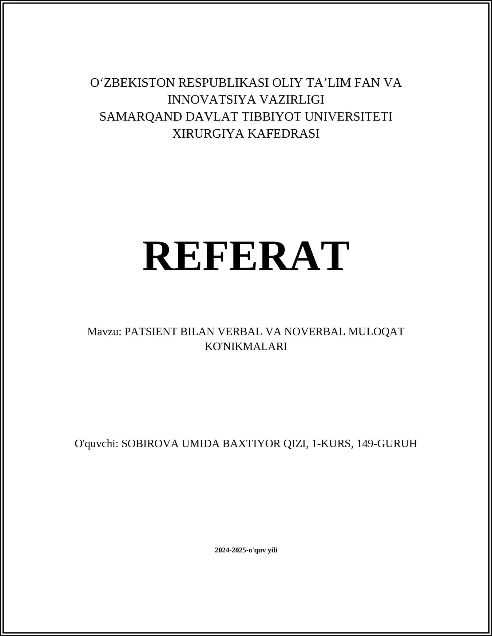 PATSIENT BILAN VERBAL VA NOVERBAL MULOQAT KO'NIKMALARI