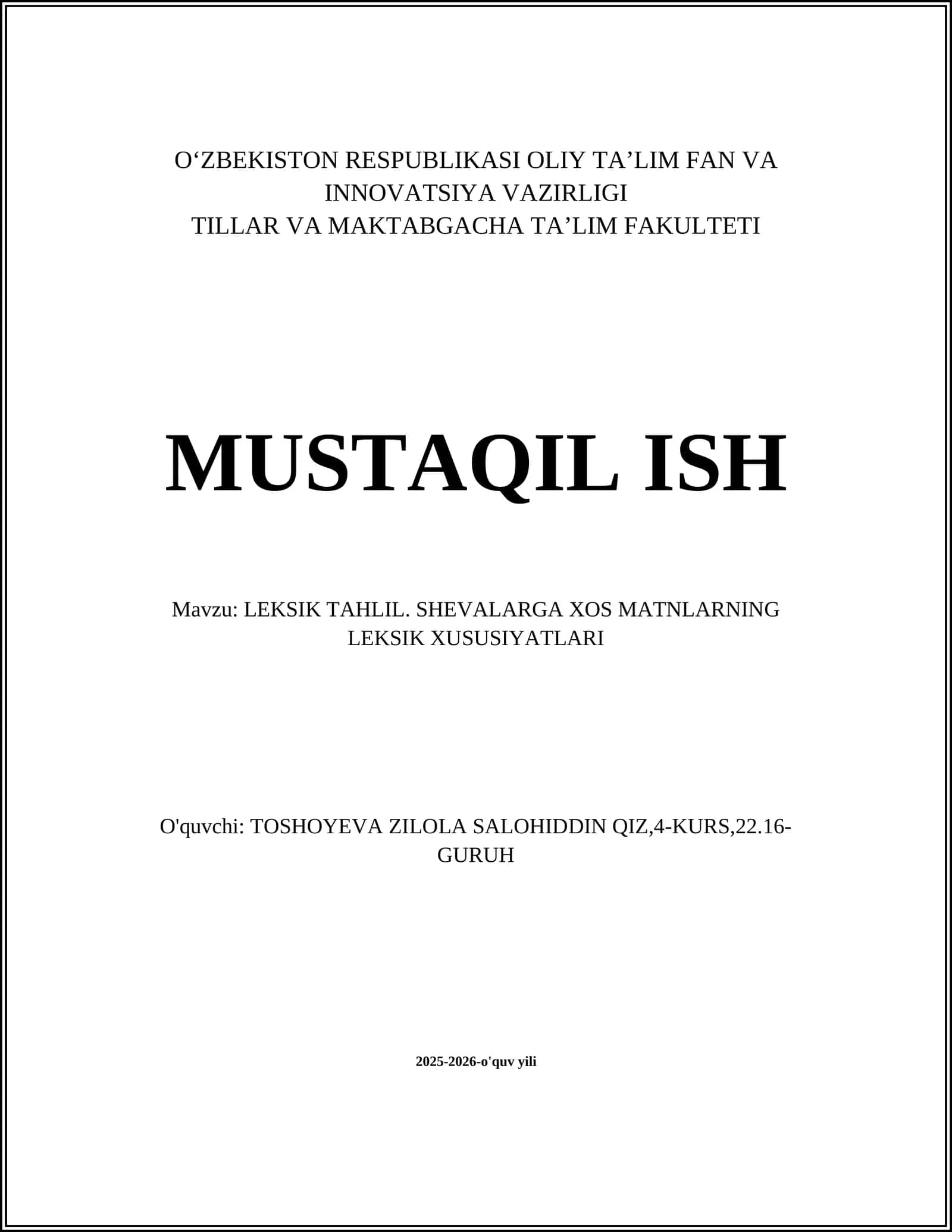 LEKSIK TAHLIL. SHEVALARGA XOS MATNLARNING LEKSIK XUSUSIYATLARI