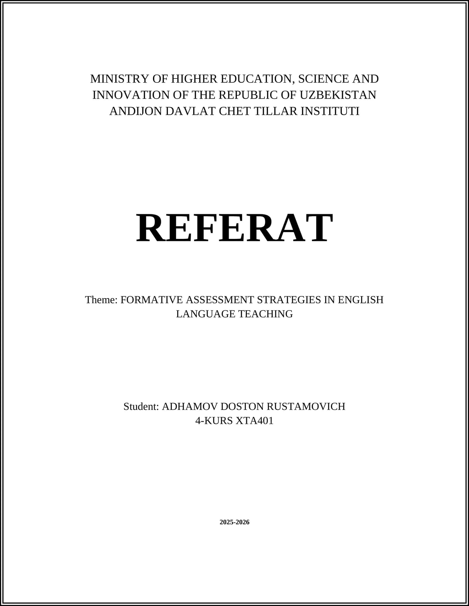Referat: FORMATIVE ASSESSMENT STRATEGIES IN ENGLISH LANGUAGE TEACHING