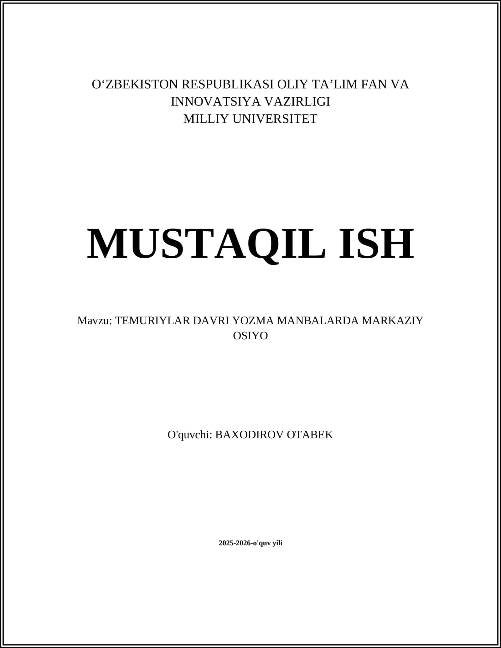 TEMURIYLAR DAVRI YOZMA MANBALARDA MARKAZIY OSIYO