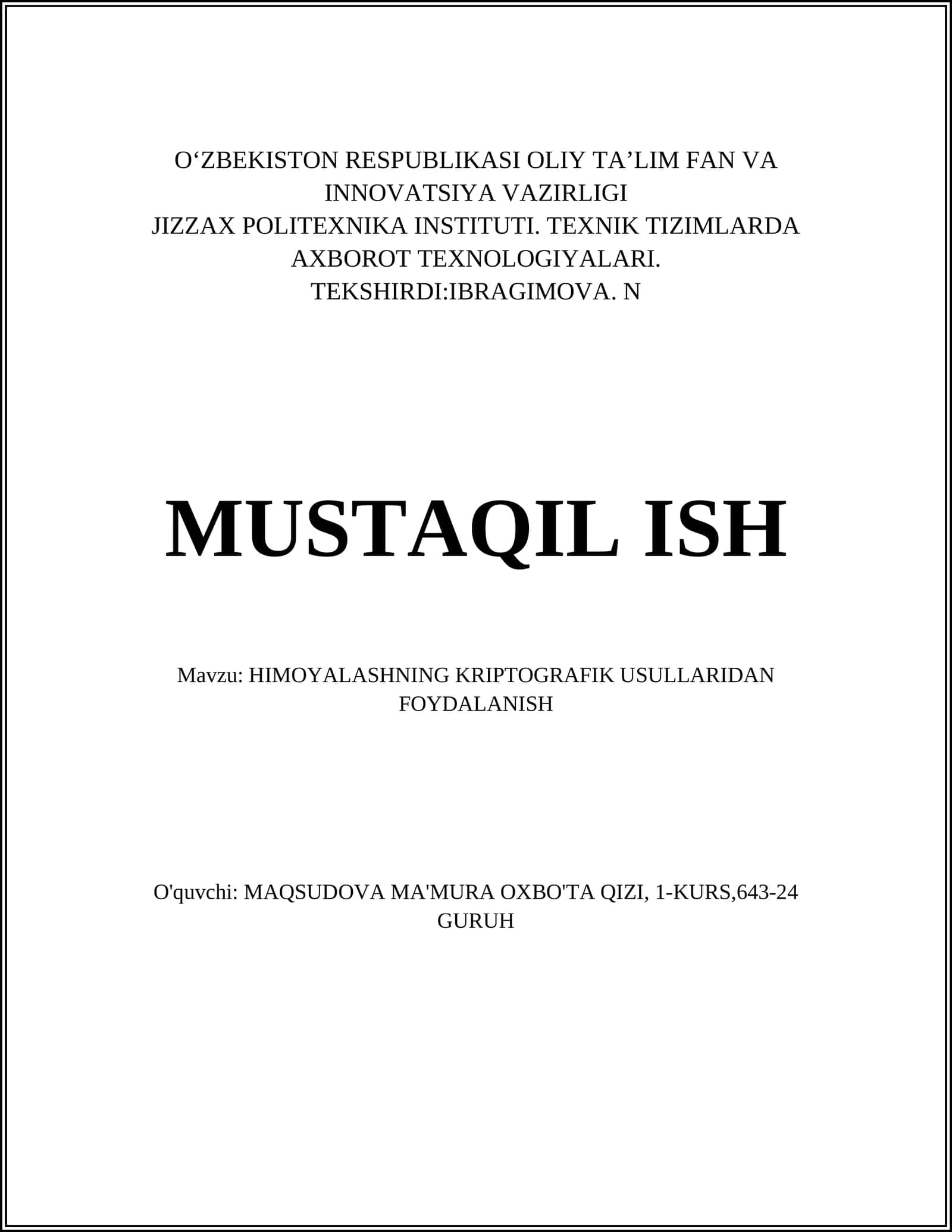 HIMOYALASHNING KRIPTOGRAFIK USULLARIDAN FOYDALANISH