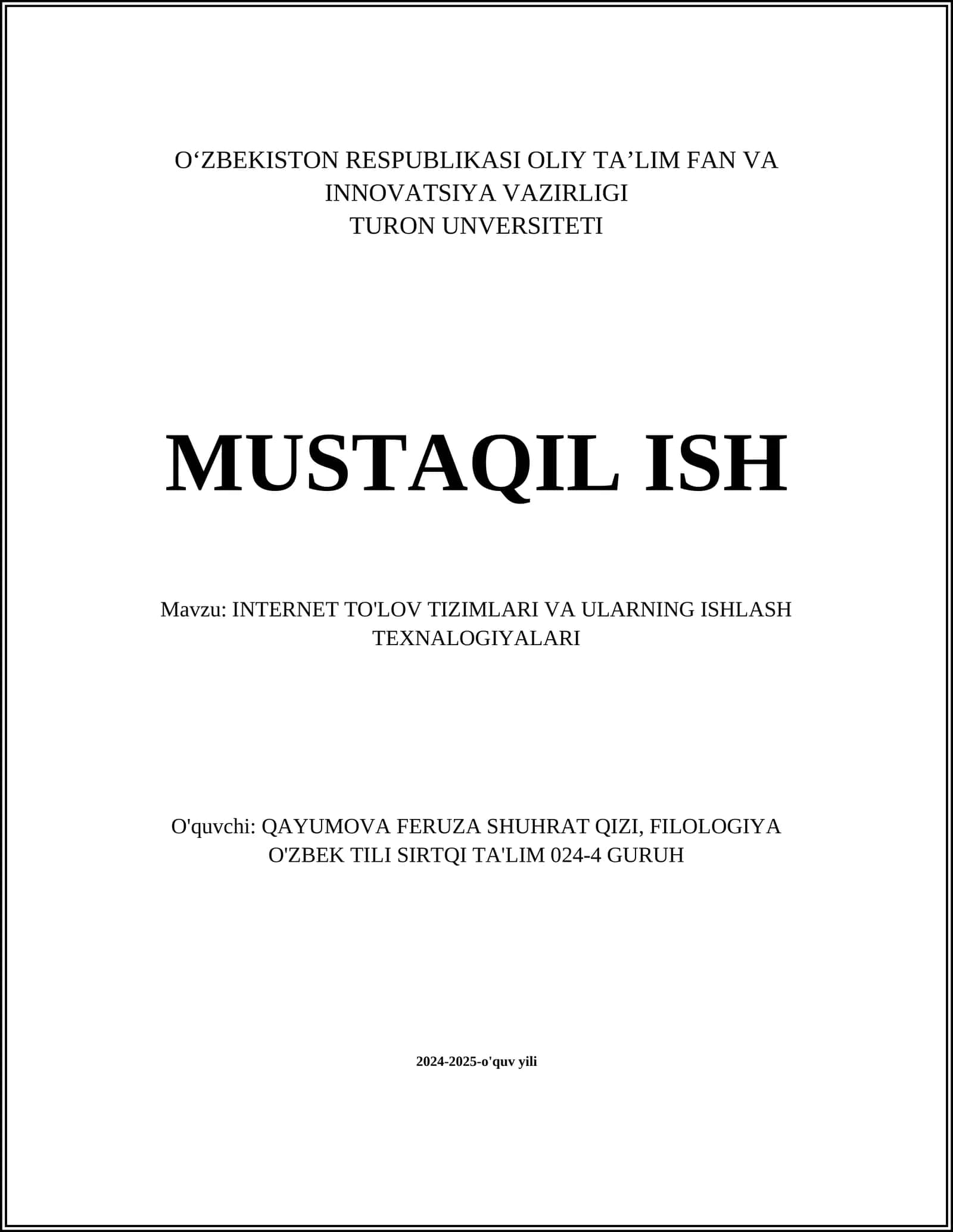 INTERNET TO'LOV TIZIMLARI VA ULARNING ISHLASH TEXNALOGIYALARI
