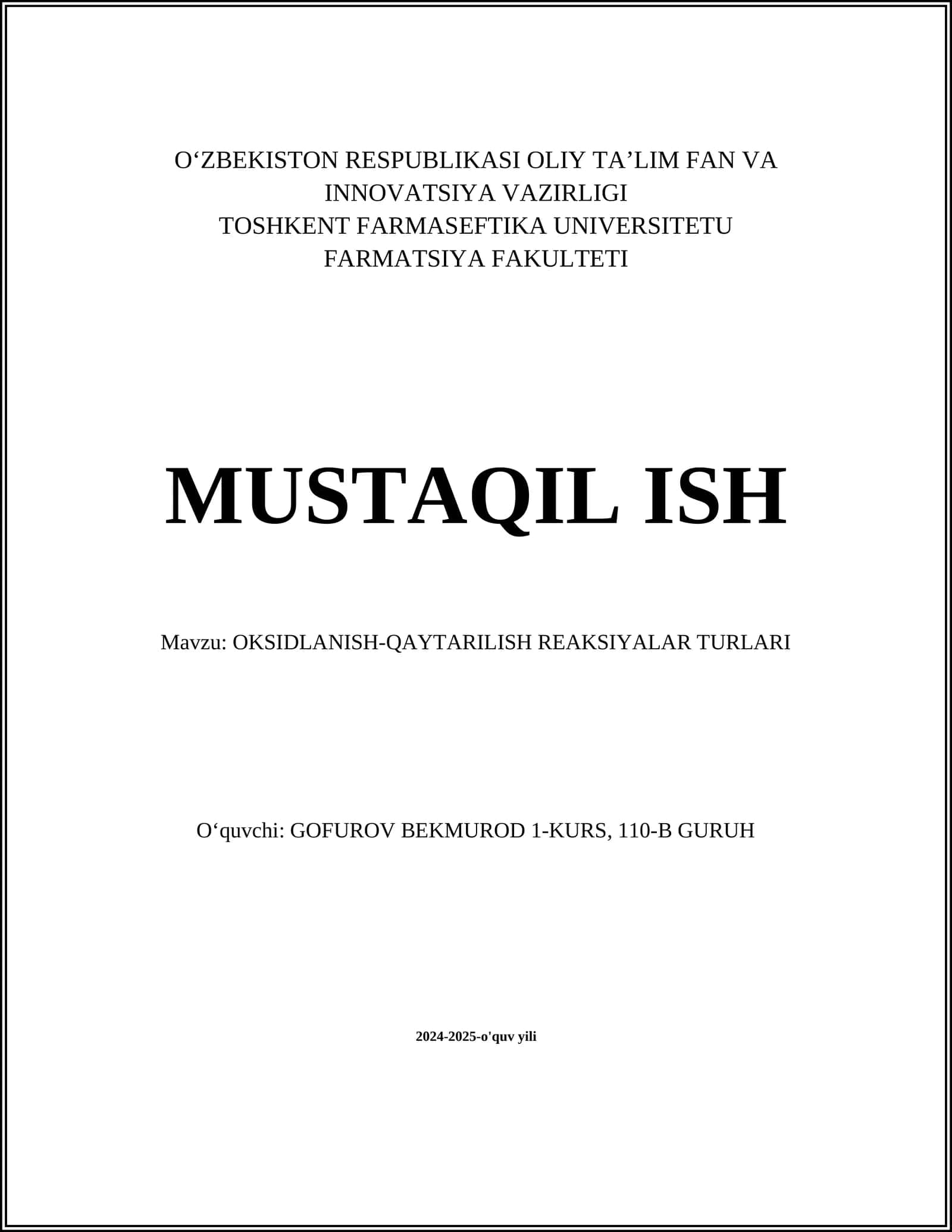 OKSIDLANISH-QAYTARILISH REAKSIYALAR TURLARI