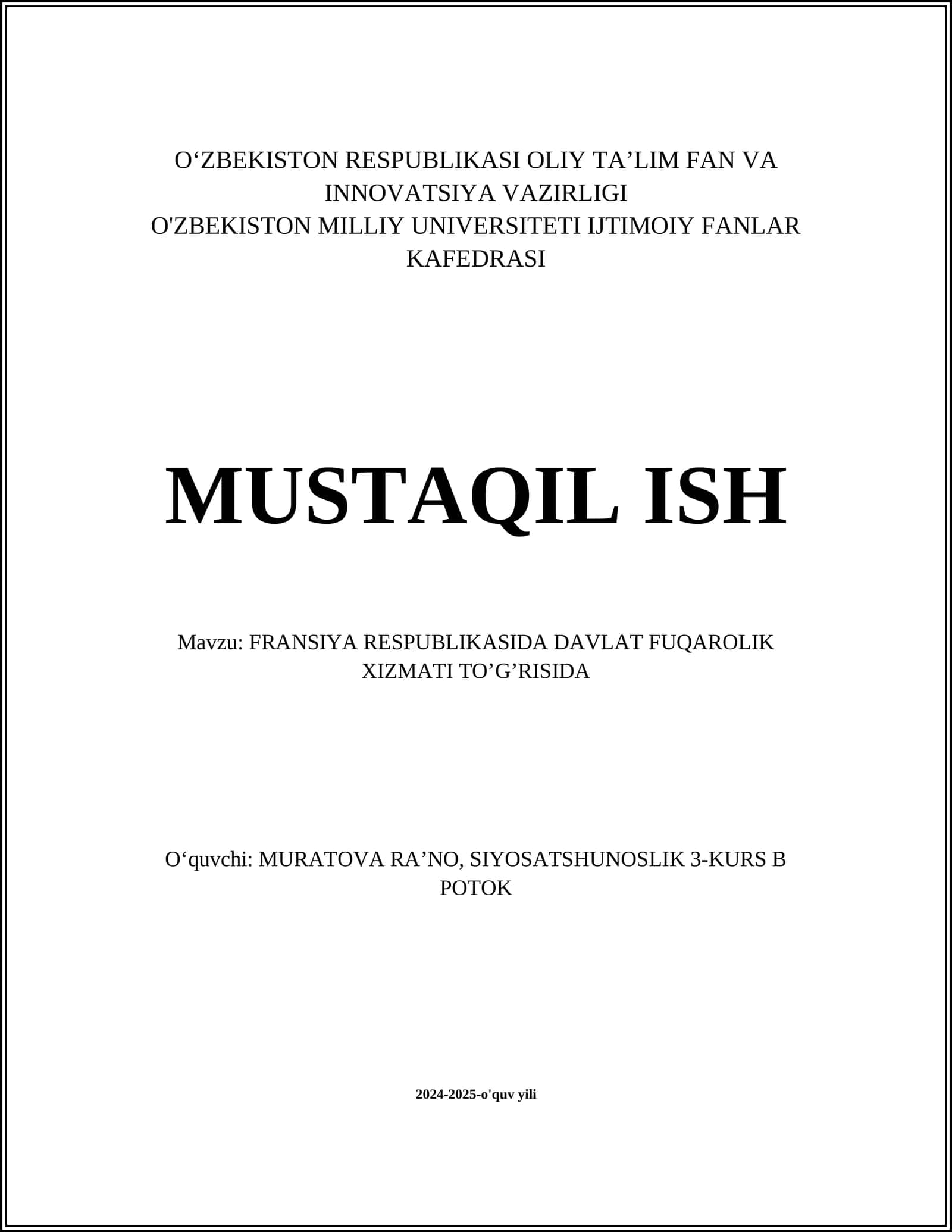 FRANSIYA RESPUBLIKASIDA DAVLAT FUQAROLIK XIZMATI TO’G’RISIDA