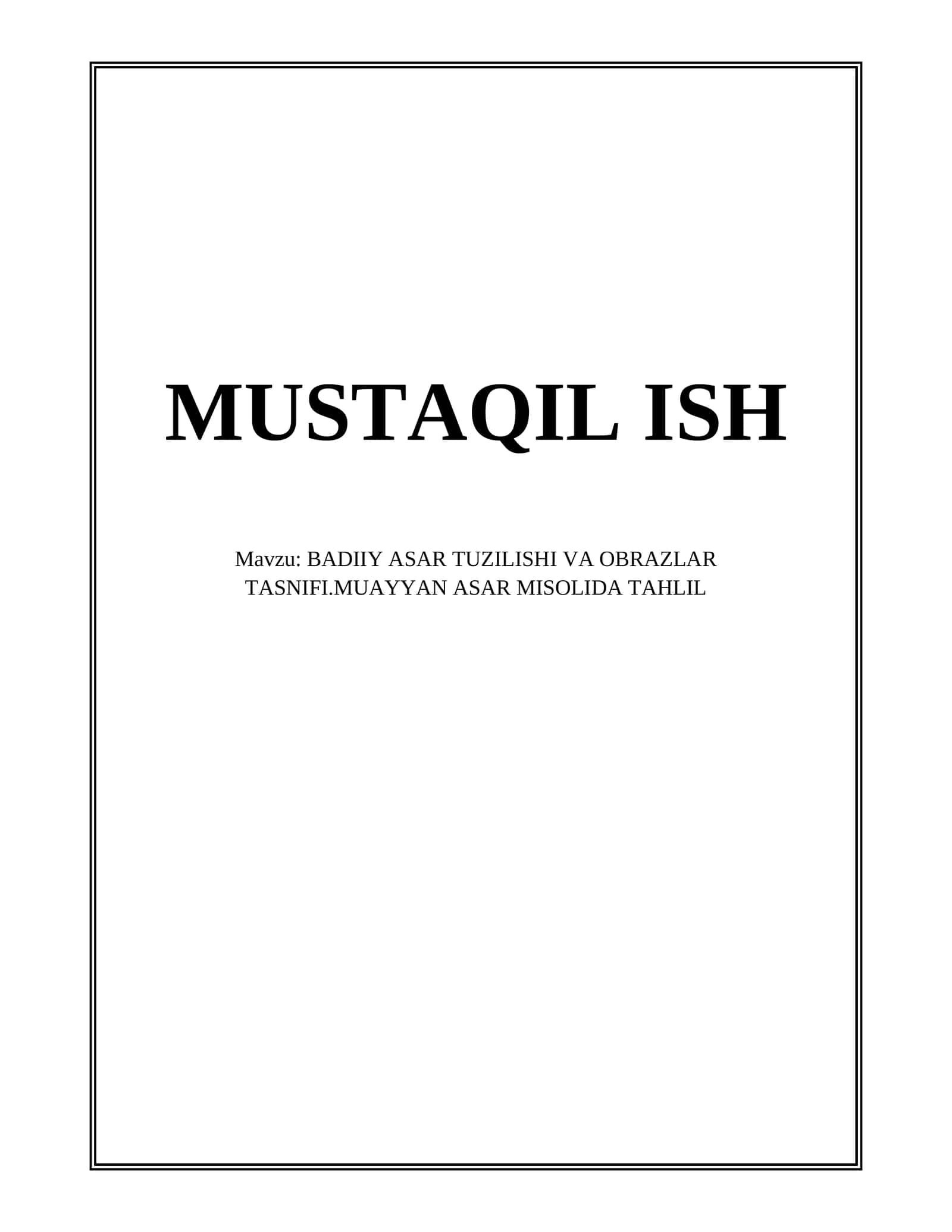 BADIIY ASAR TUZILISHI VA OBRAZLAR TASNIFI