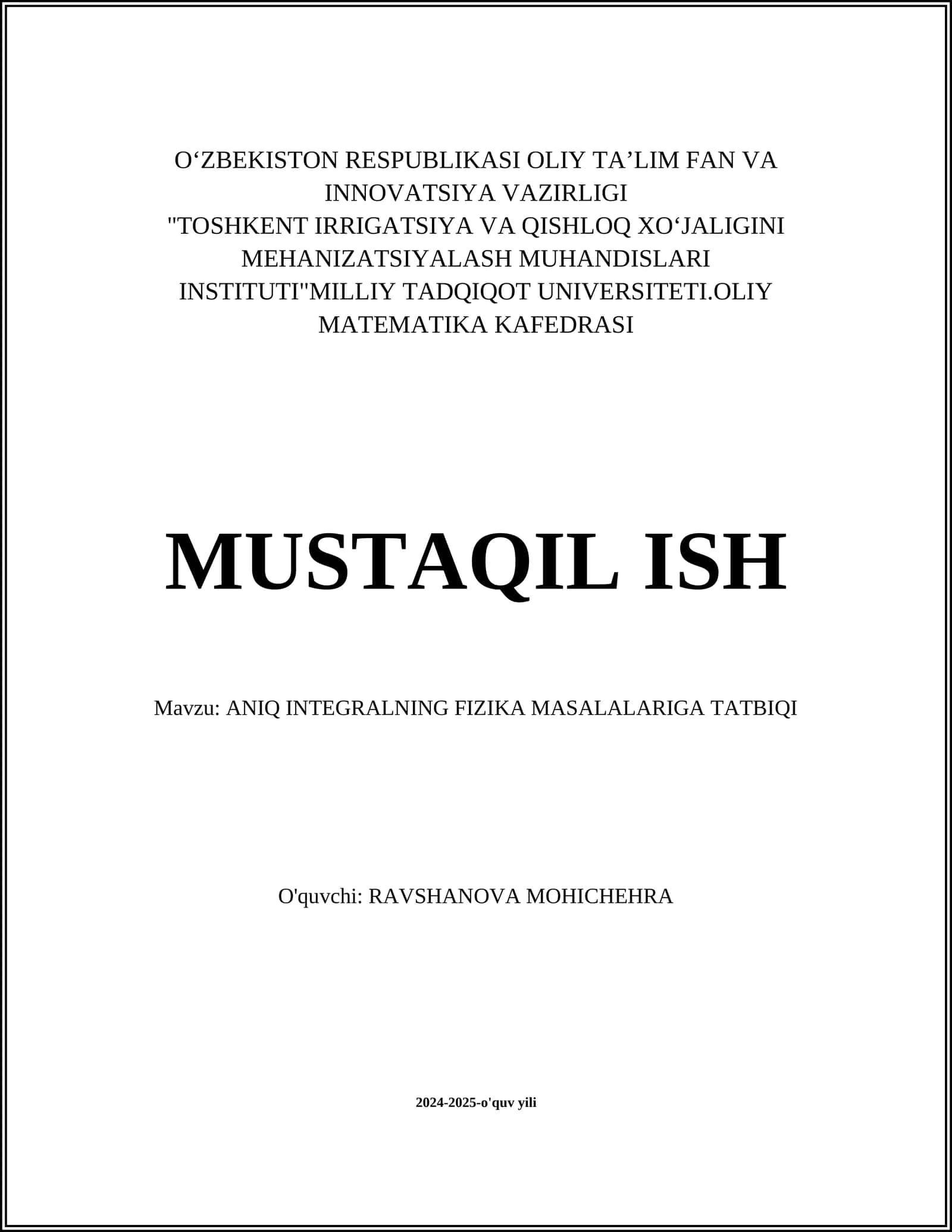 ANIQ INTEGRALNING FIZIKA MASALALARIGA TATBIQI