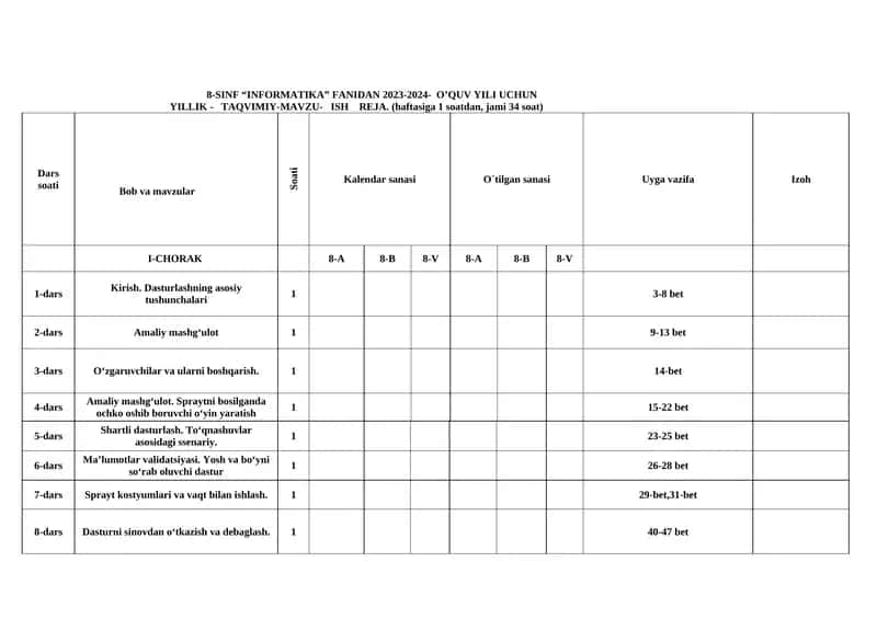 8-SINF “INFORMATIKA” FANIDAN 2023-2024- O’QUV YILI UCHUN YILLIK - TAQVIMIY- MAVZU- ISH REJA