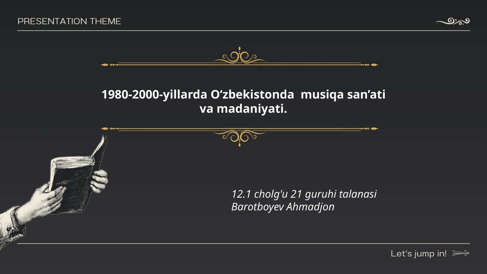 1980-2000-yillarda O‘zbekistonda musiqa san’ati va madaniyati. 12.1 cholg'u 21 guruhi talanasi Barotboyev Ahmadjon