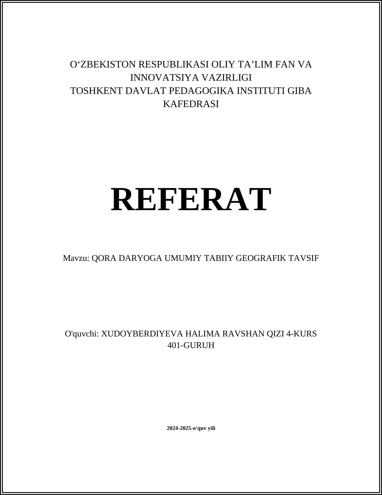 QORA DARYOGA UMUMIY TABIIY GEOGRAFIK TAVSIF