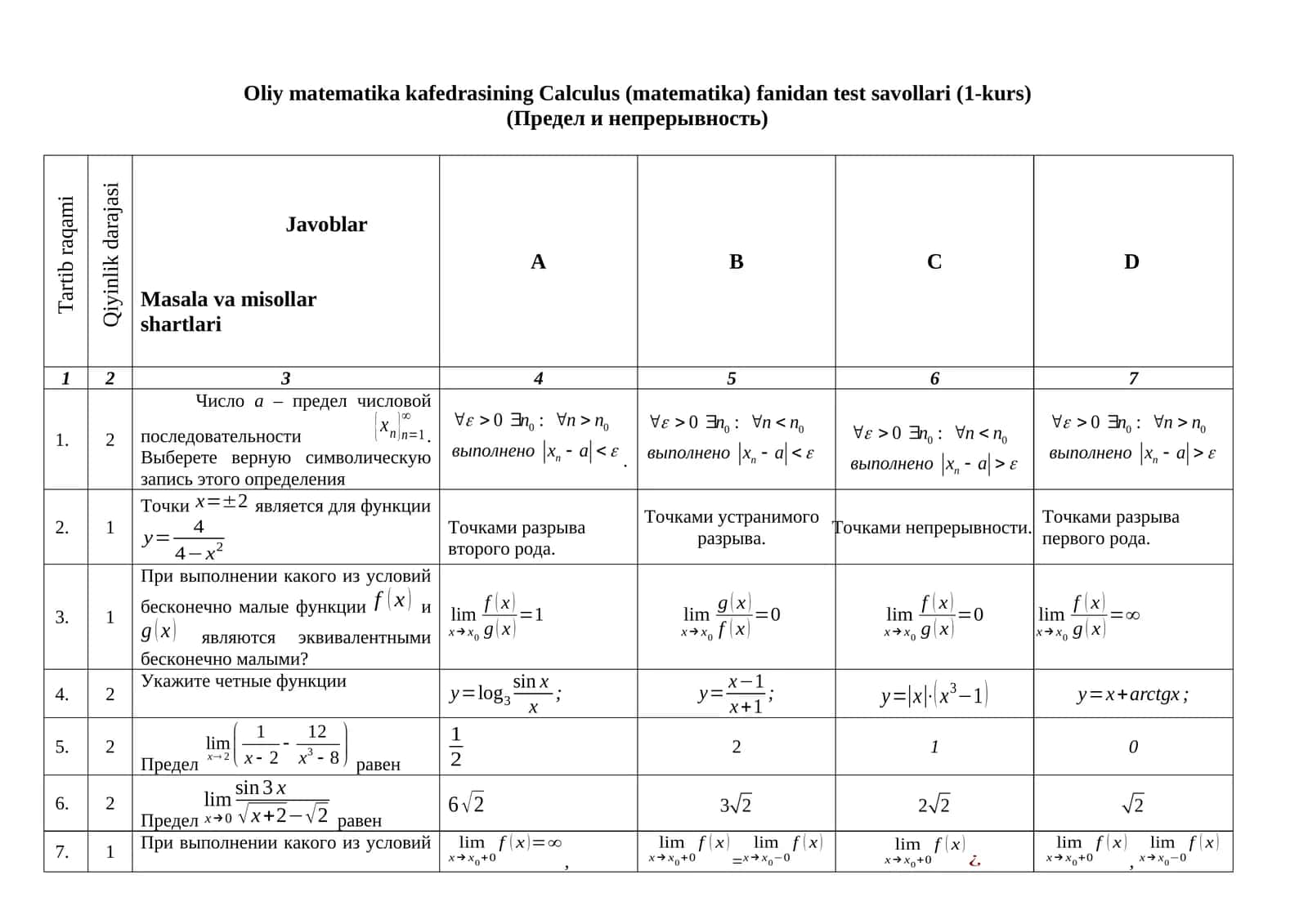 Calculus (mathematics) test questions (1st year)