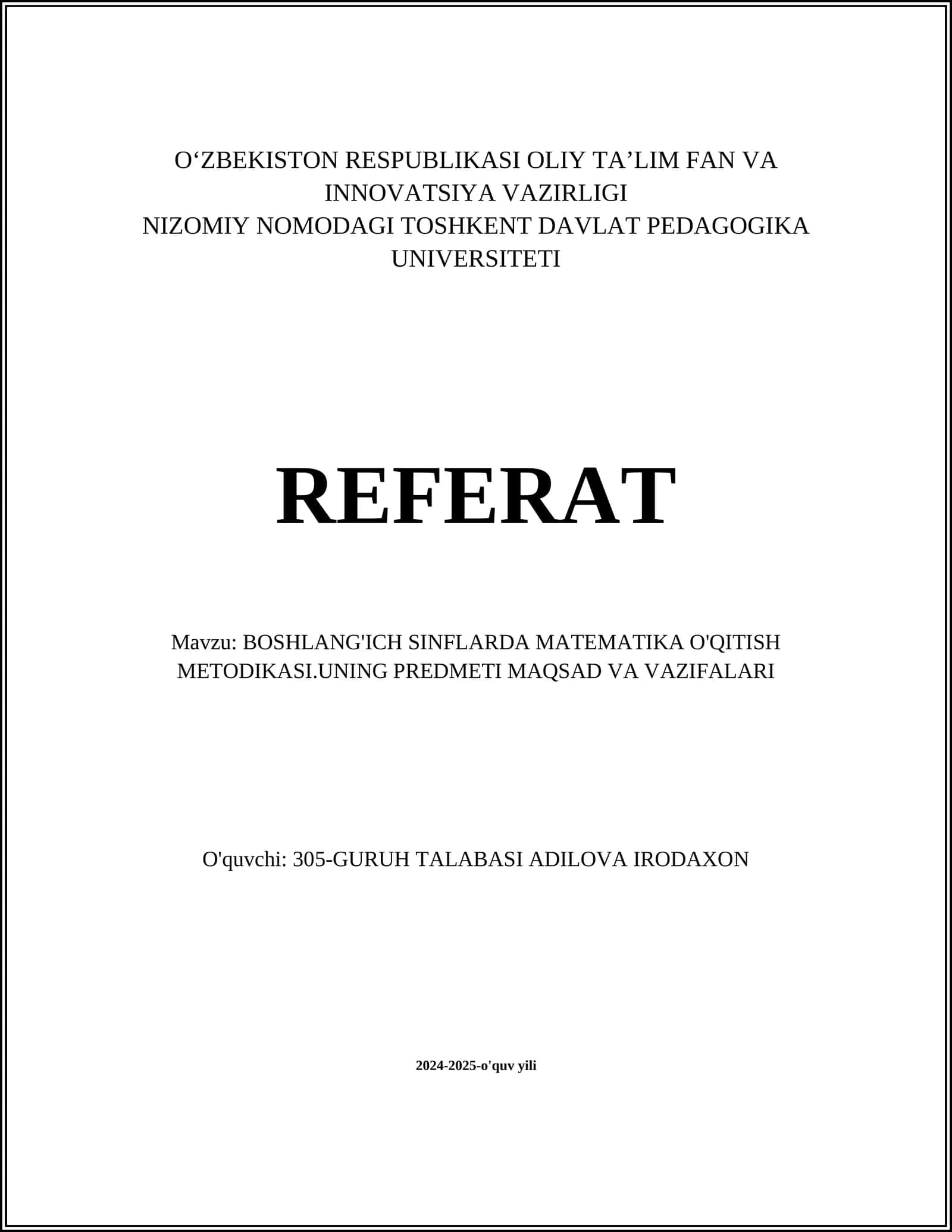 Boshlang'ich sinflarda matematika o'qitish metodikasi