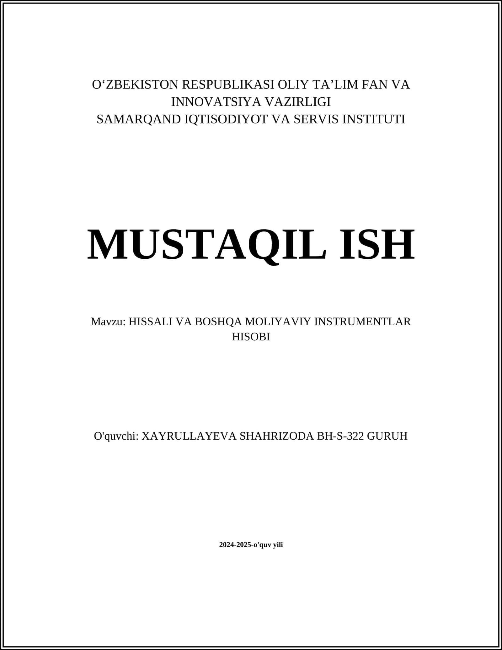 HISSALI VA BOSHQA MOLIYAVIY INSTRUMENTLAR HISOBI