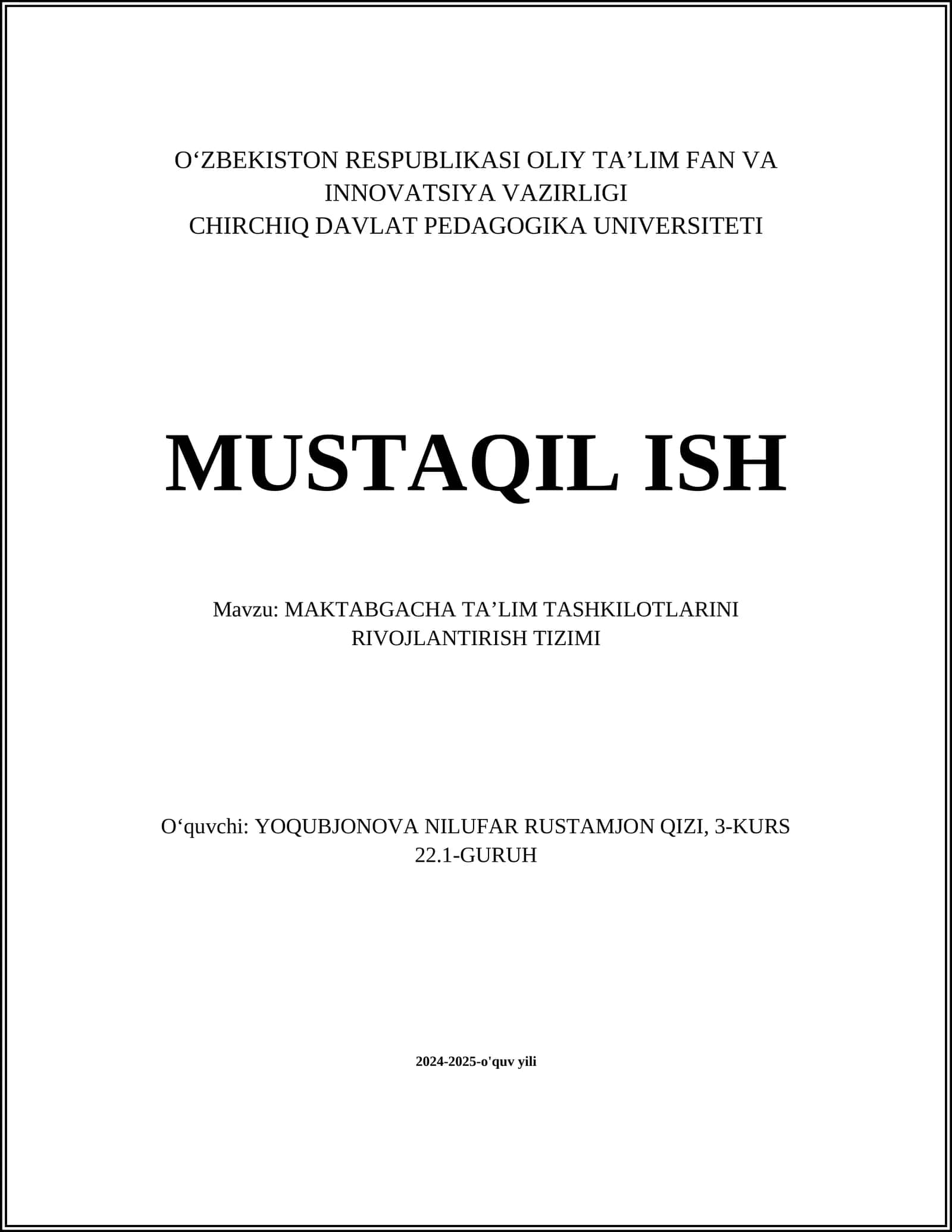 MAKTABGACHA TAʼLIM TASHKILOTLARINI RIVOJLANTIRISH TIZIMI