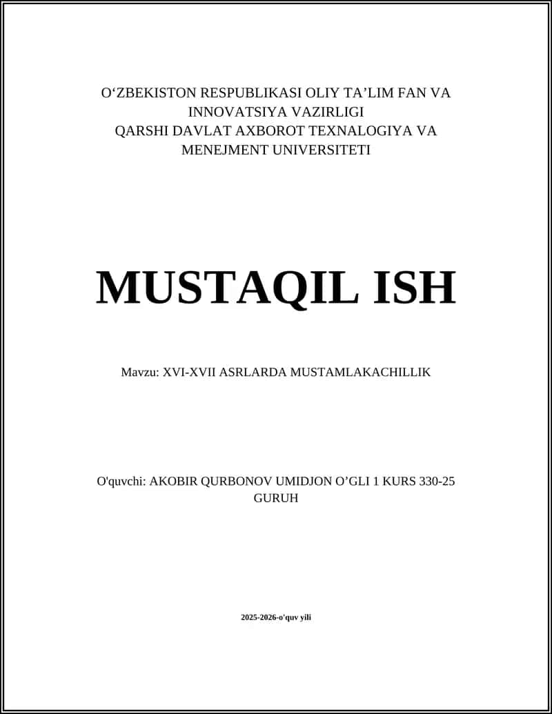 XVI-XVII ASRLARDA MUSTAMLAKACHILLIK