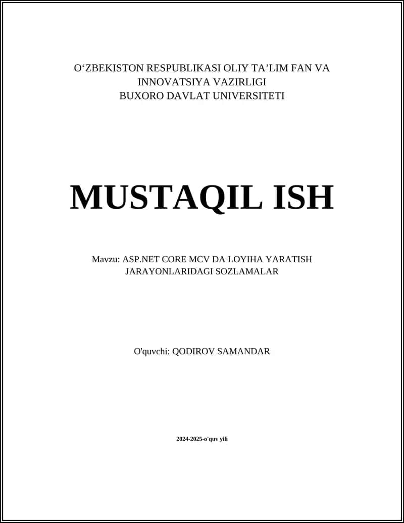 ASP.NET CORE MCV DA LOYIHA YARATISH JARAYONLARIDAGI SOZLAMALAR