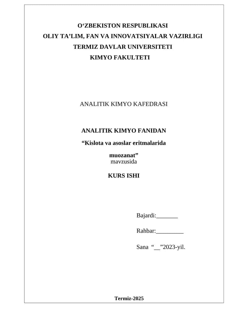 Kislota va asoslar eritmalarida muozanat.