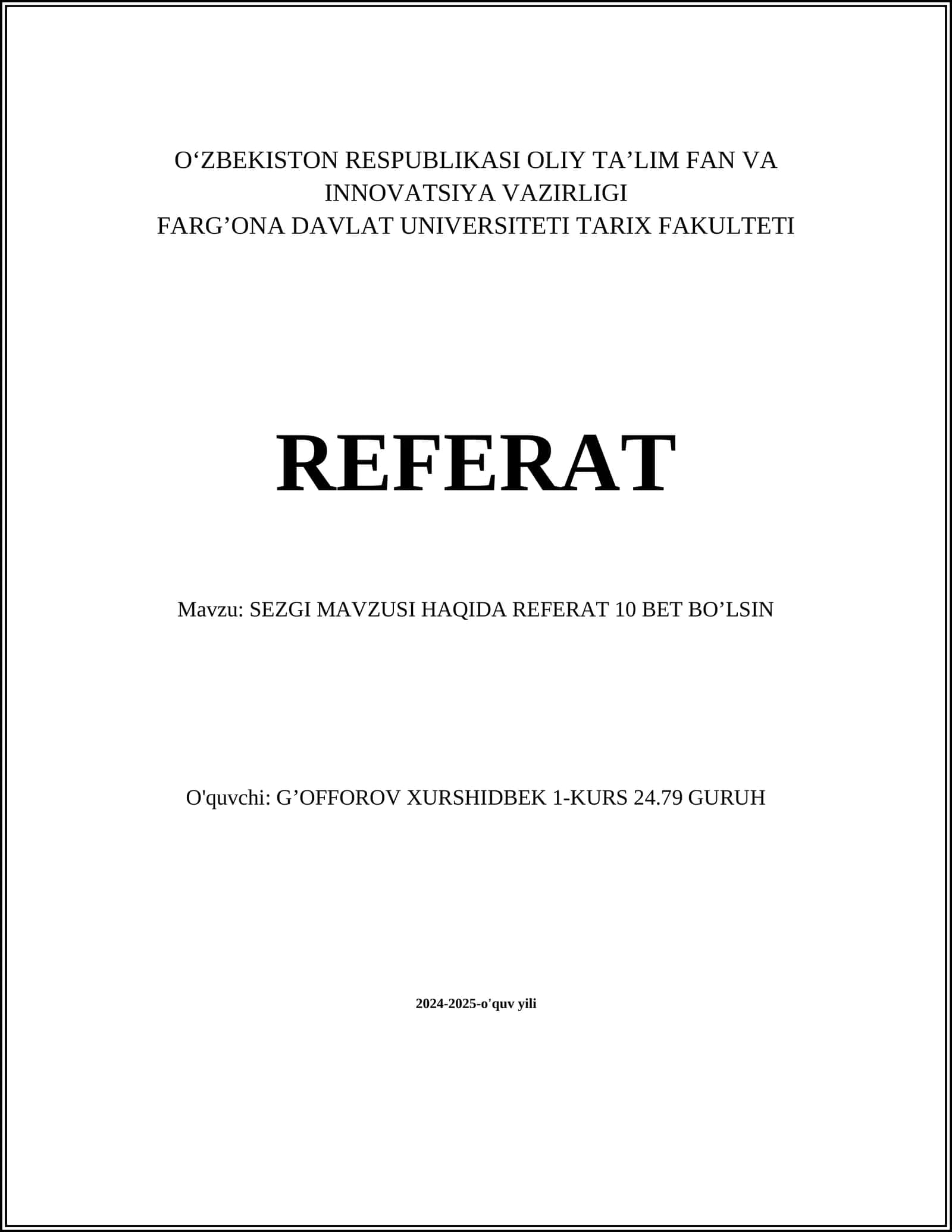 SEZGI MAVZUSI HAQIDA REFERAT