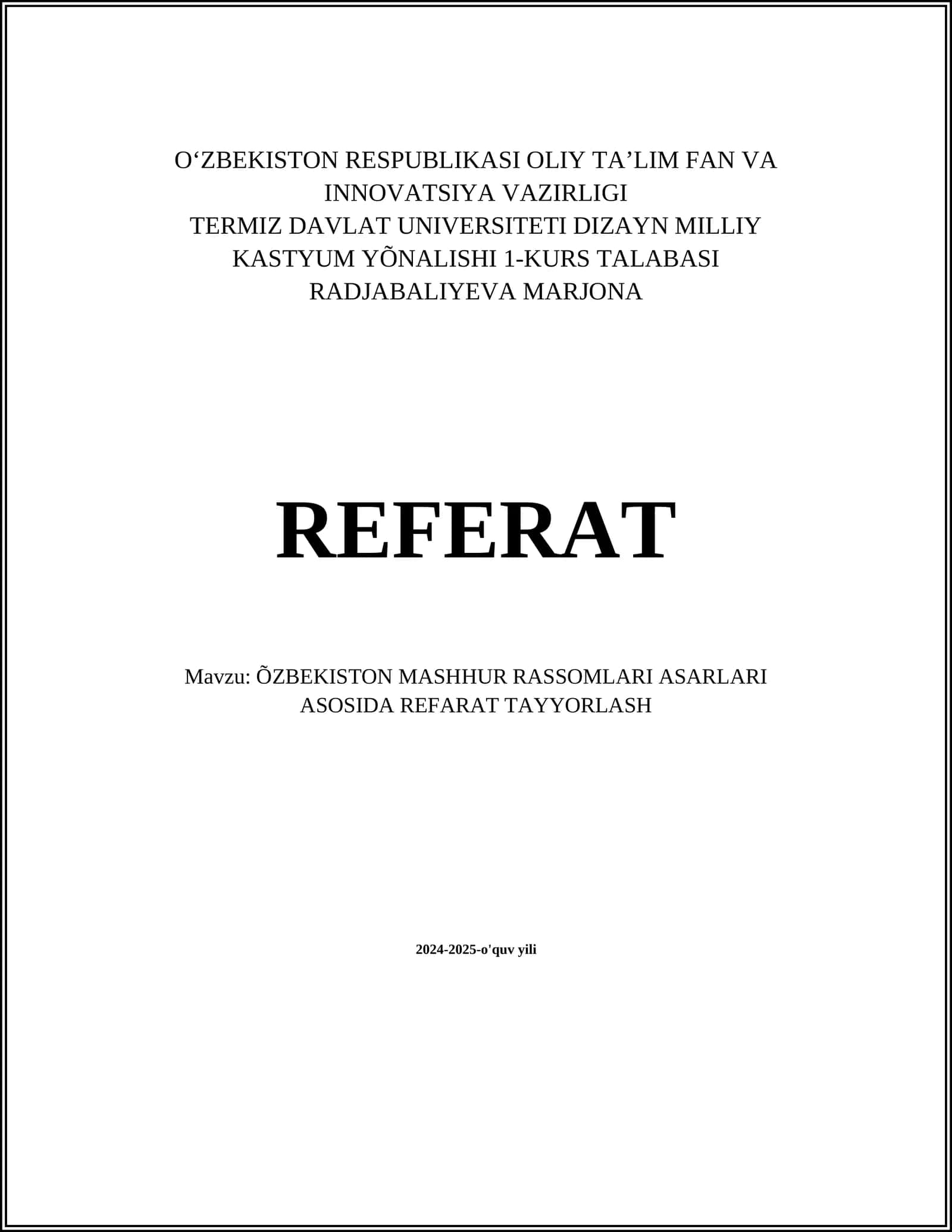 REFARAT: Kamoliddin Behzodning hayoti va ijodi