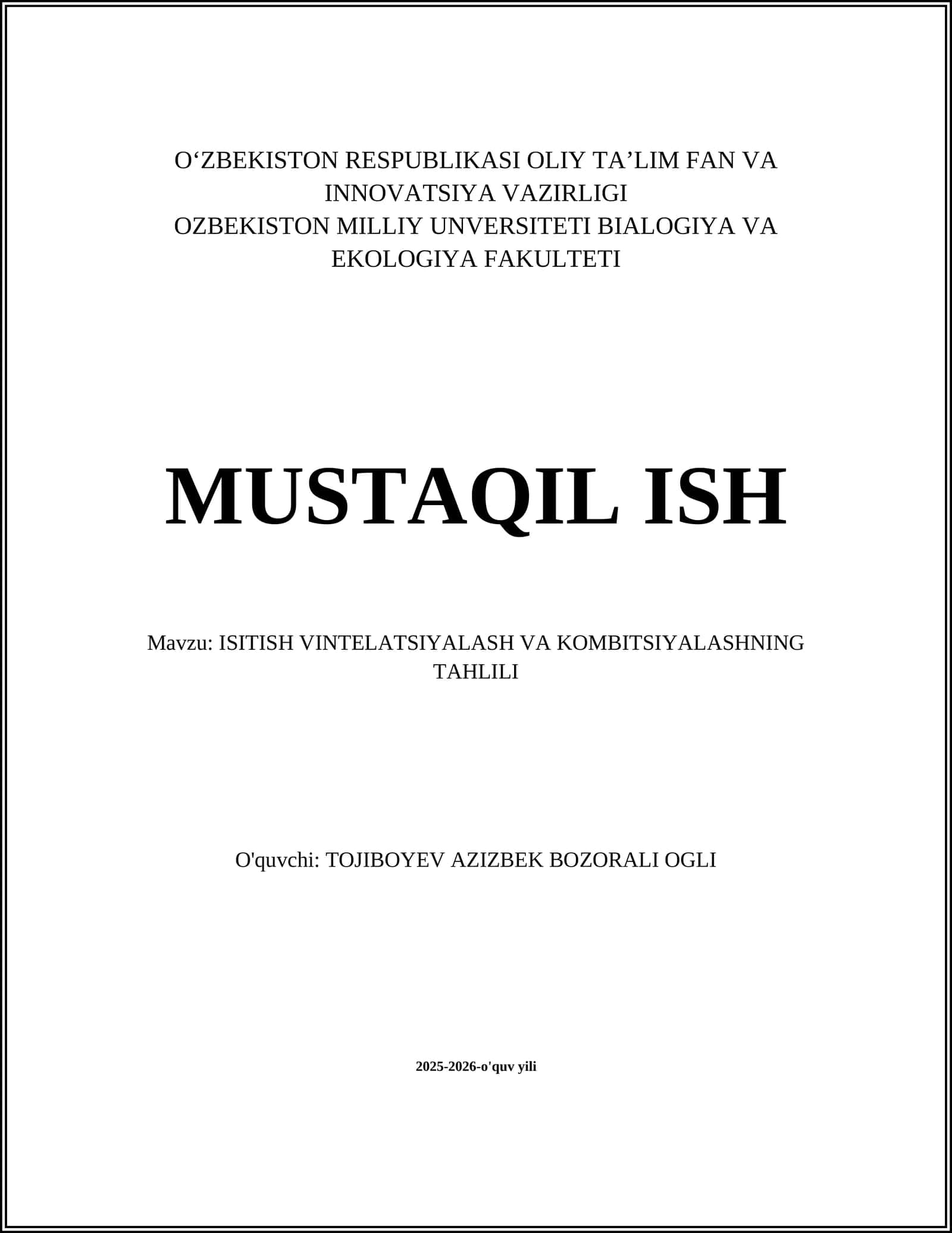 ISITISH VINTELATSIYALASH VA KOMBITSIYALASHNING TAHLILI