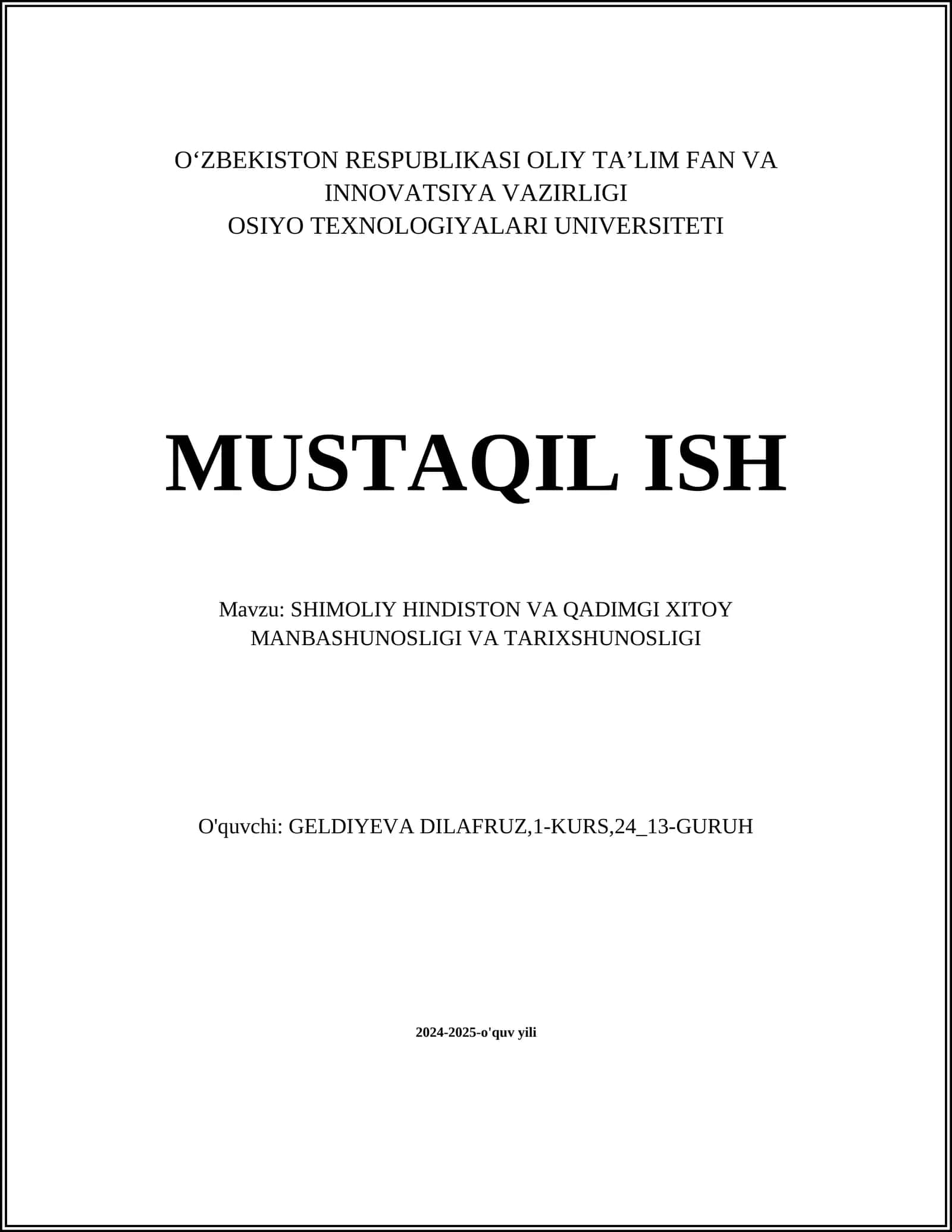 SHIMOLIY HINDISTON VA QADIMGI XITOY MANBASHUNOSLIGI VA TARIXSHUNOSLIGI