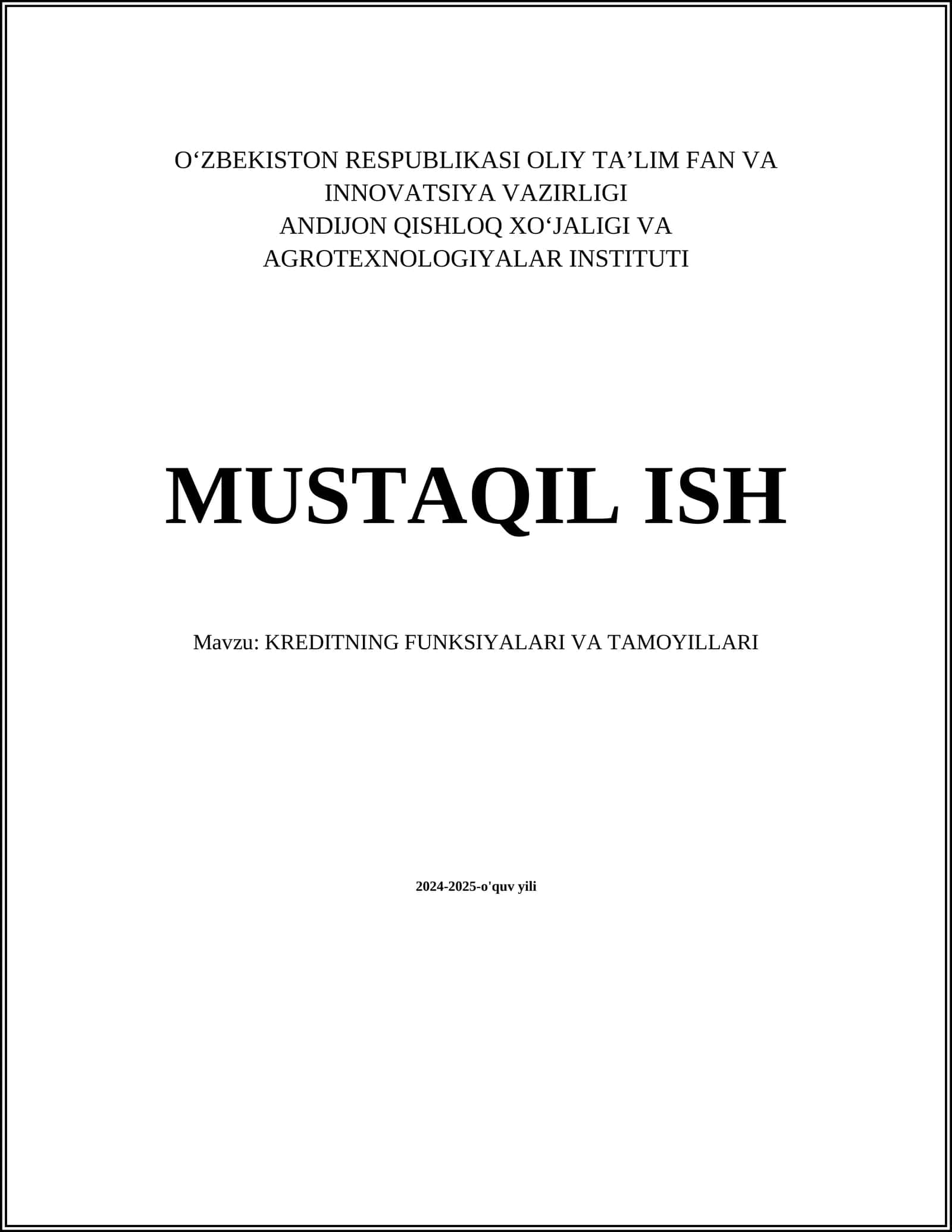 KREDITNING FUNKSIYALARI VA TAMOYILLARI